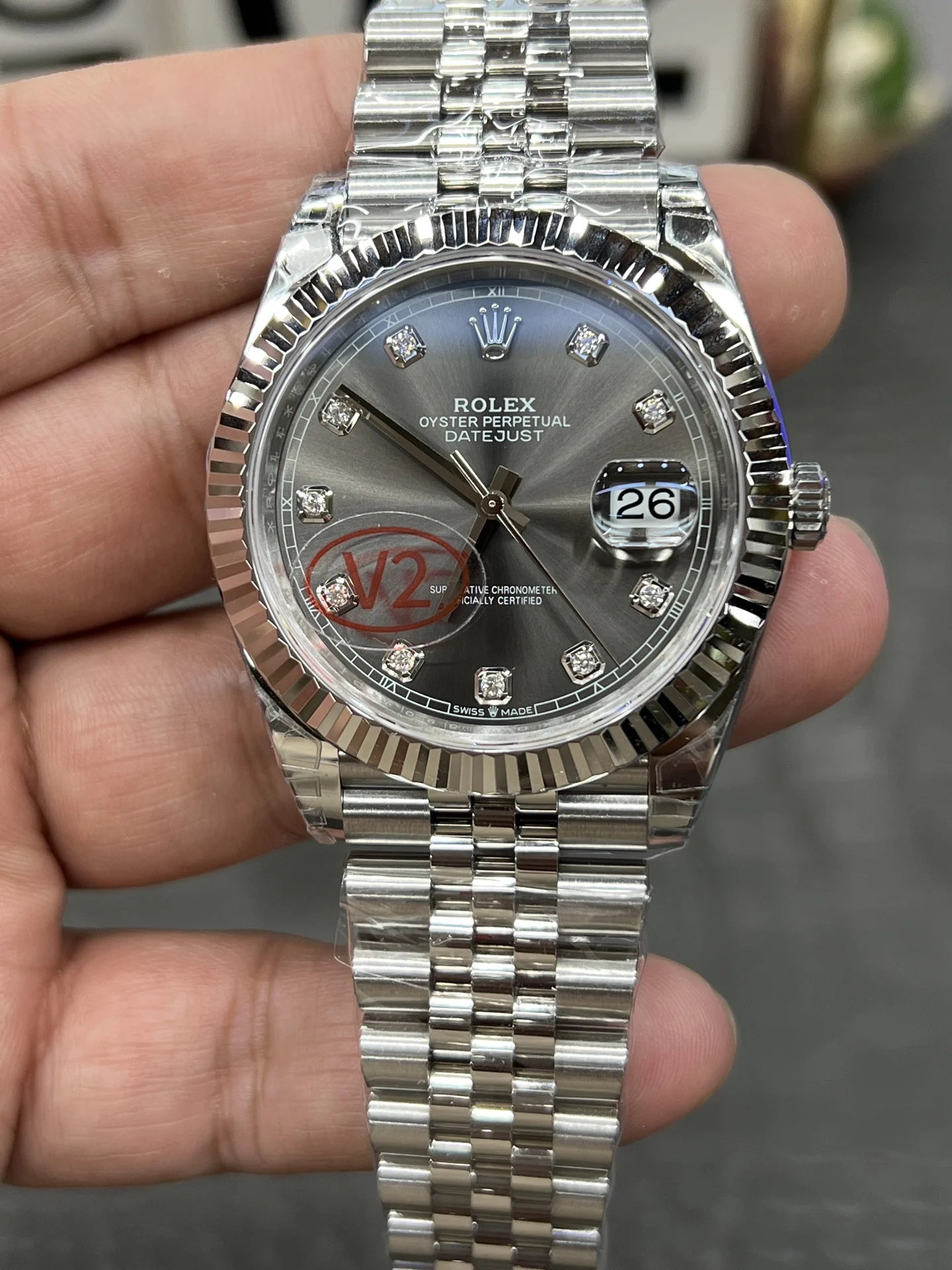 Rolex Datejust Grey Dial Diamond-Set 41mm — photographed off the sweep