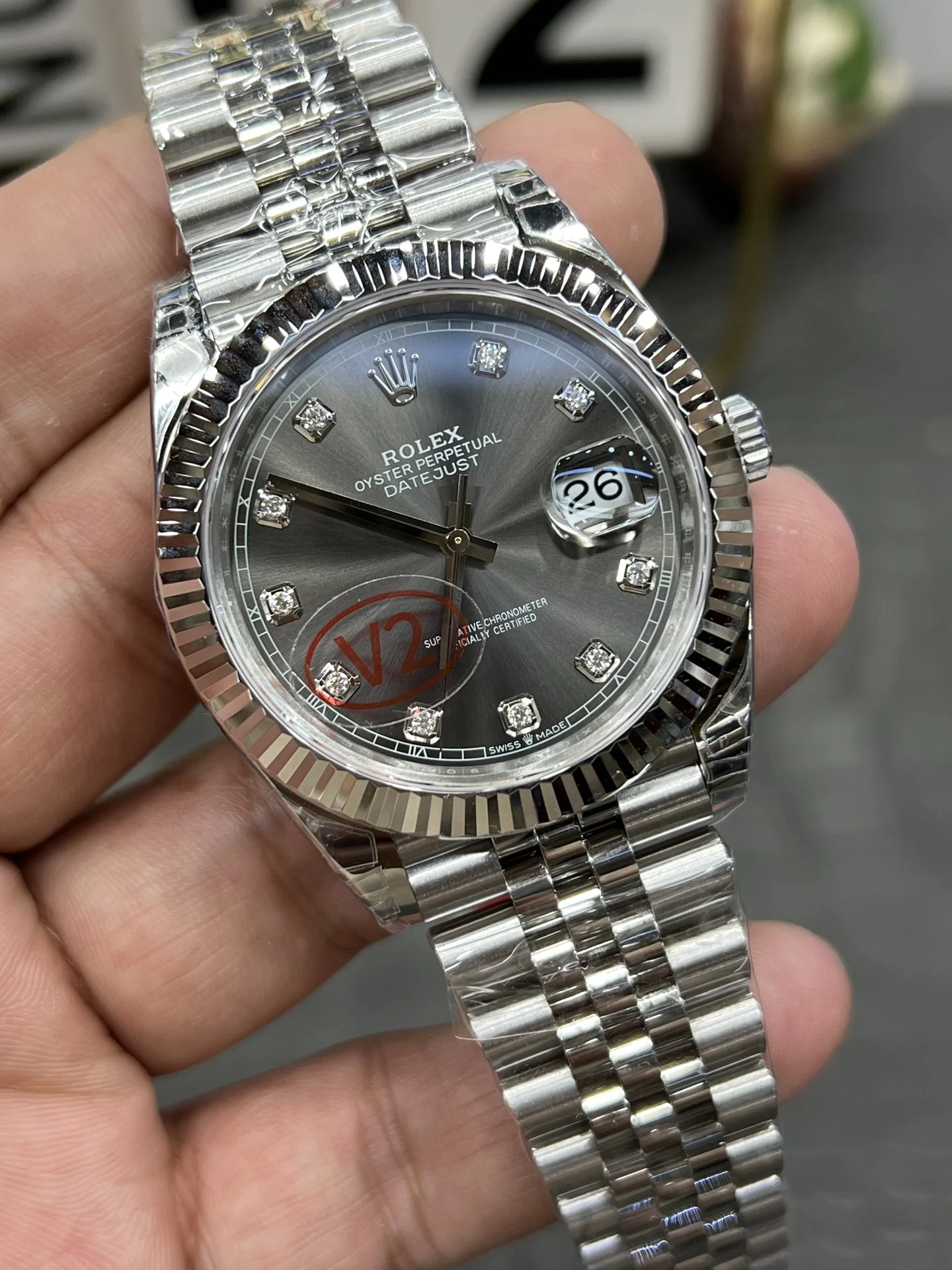 Rolex Datejust Grey Dial Diamond-Set 41mm — photographed off the sweep
