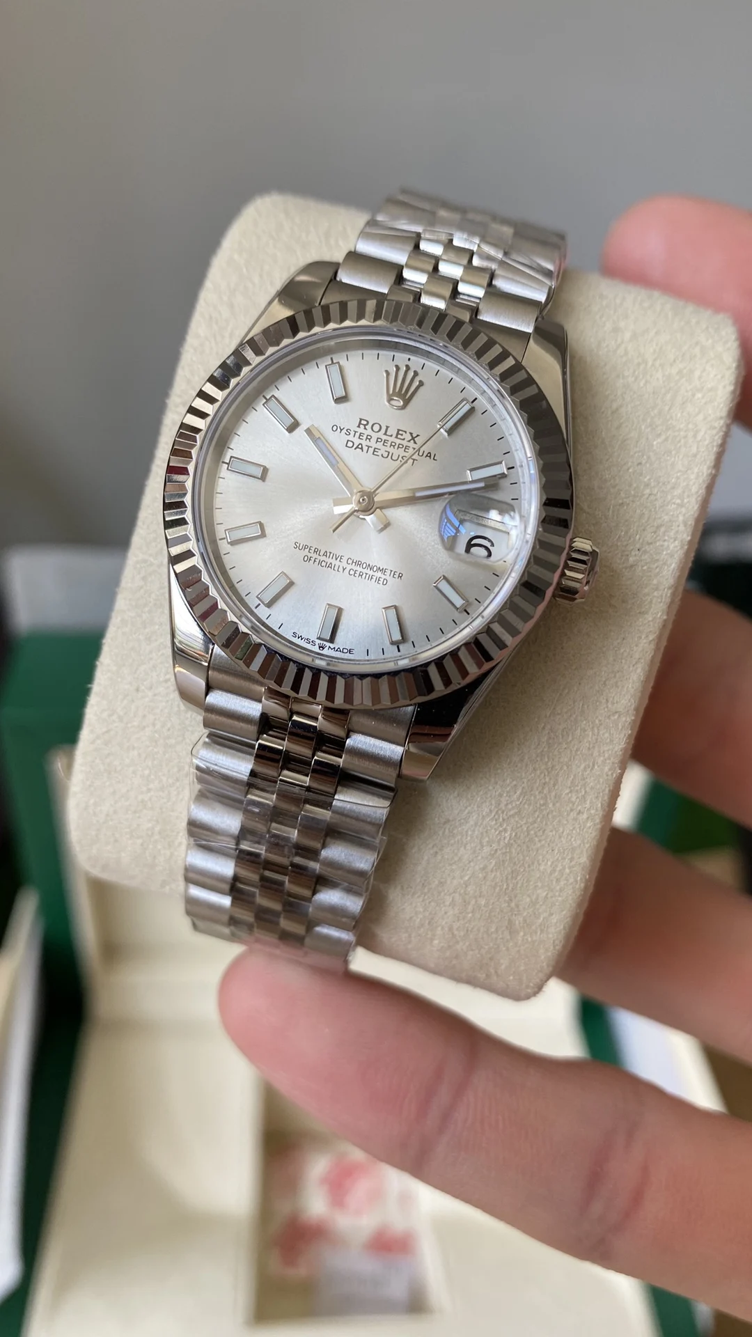 Rolex Datejust Ice Blue Steel Blue Dial Diamond-Set 31mm — photographed off the sweep