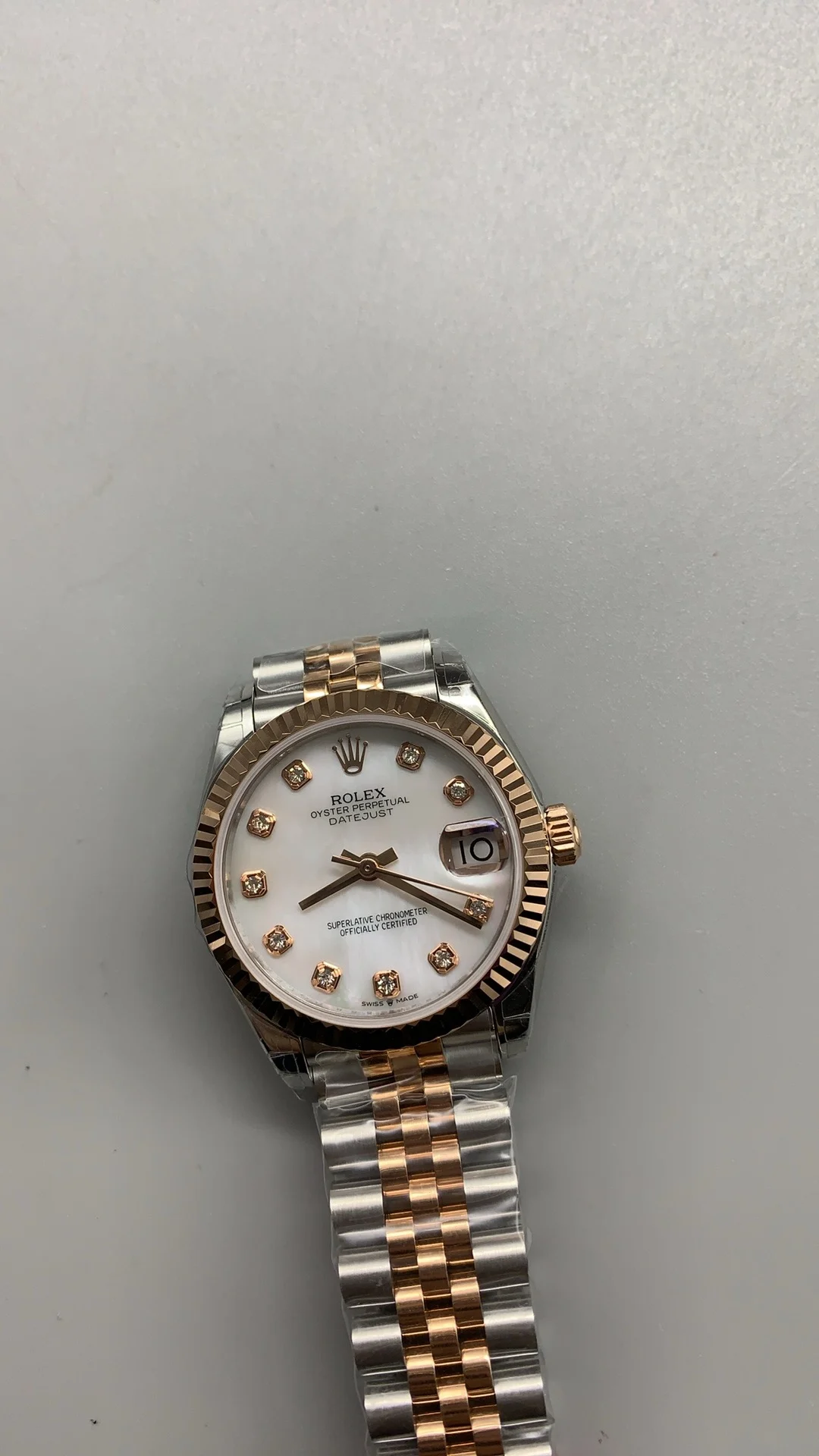 Rolex Datejust Mother of Pearl Rose Gold — photographed off the sweep