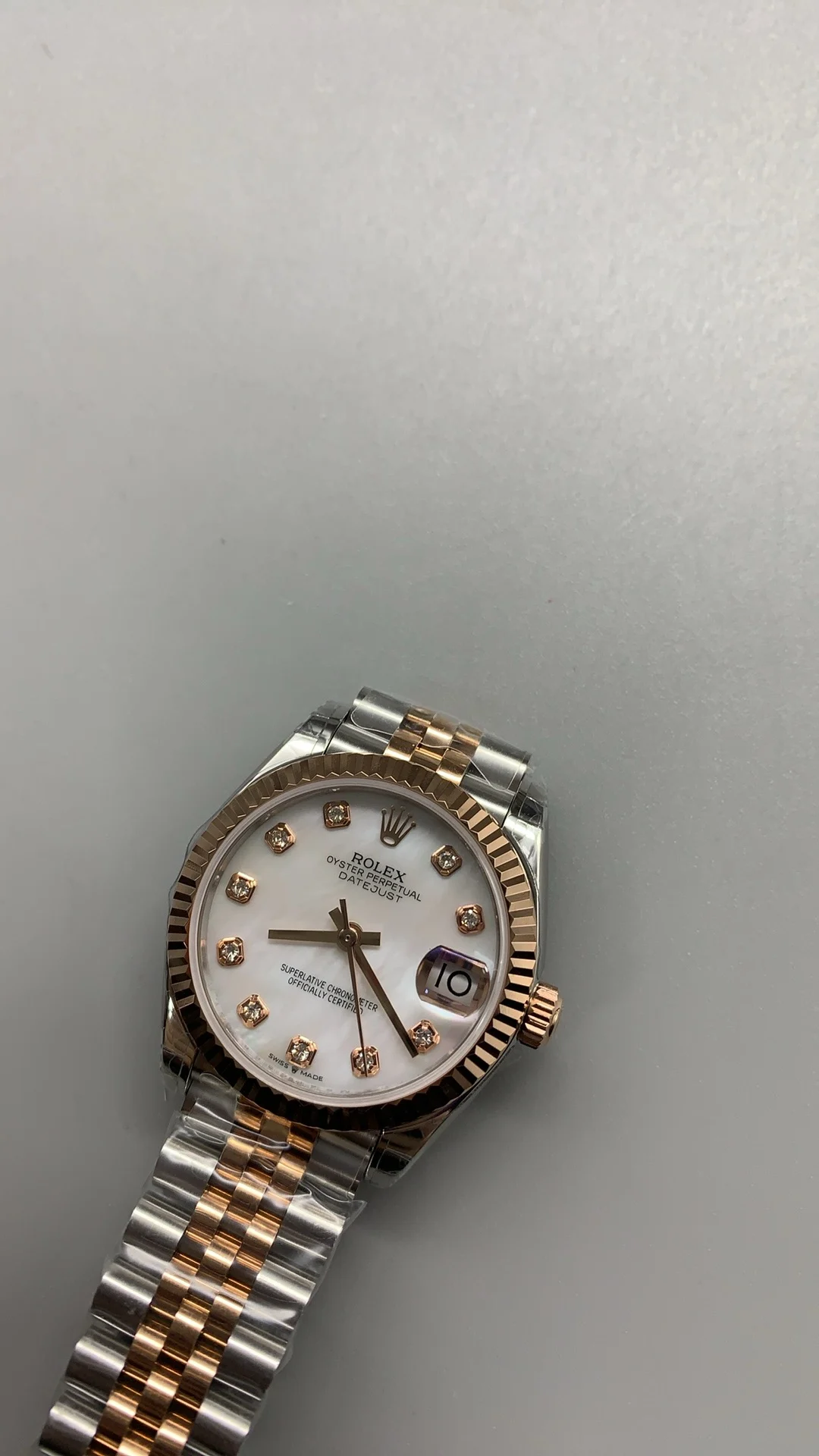 Rolex Datejust Mother of Pearl Rose Gold — photographed off the sweep
