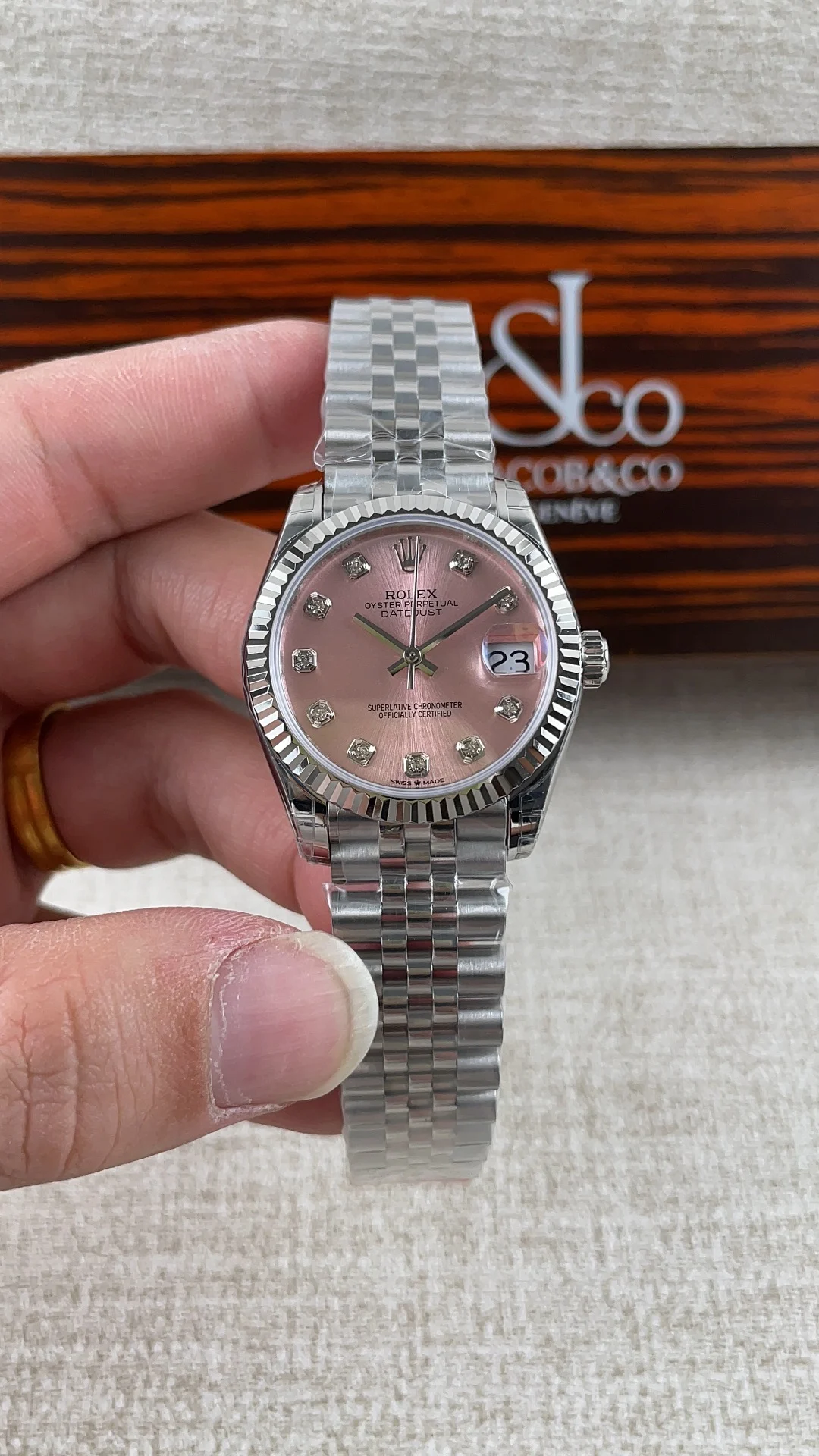 Rolex Datejust Pink Dial — photographed off the sweep