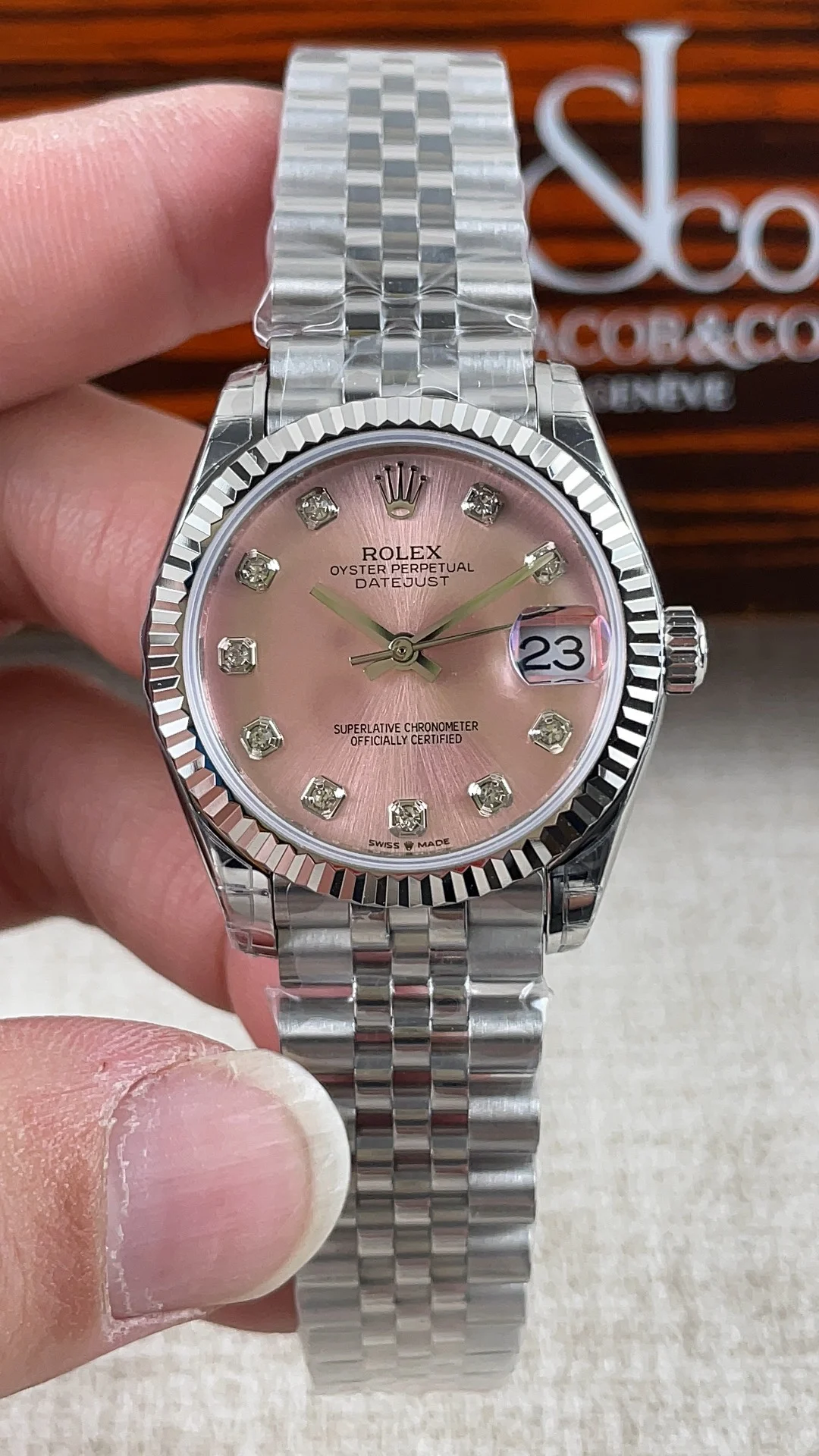 Rolex Datejust Pink Dial — photographed off the sweep