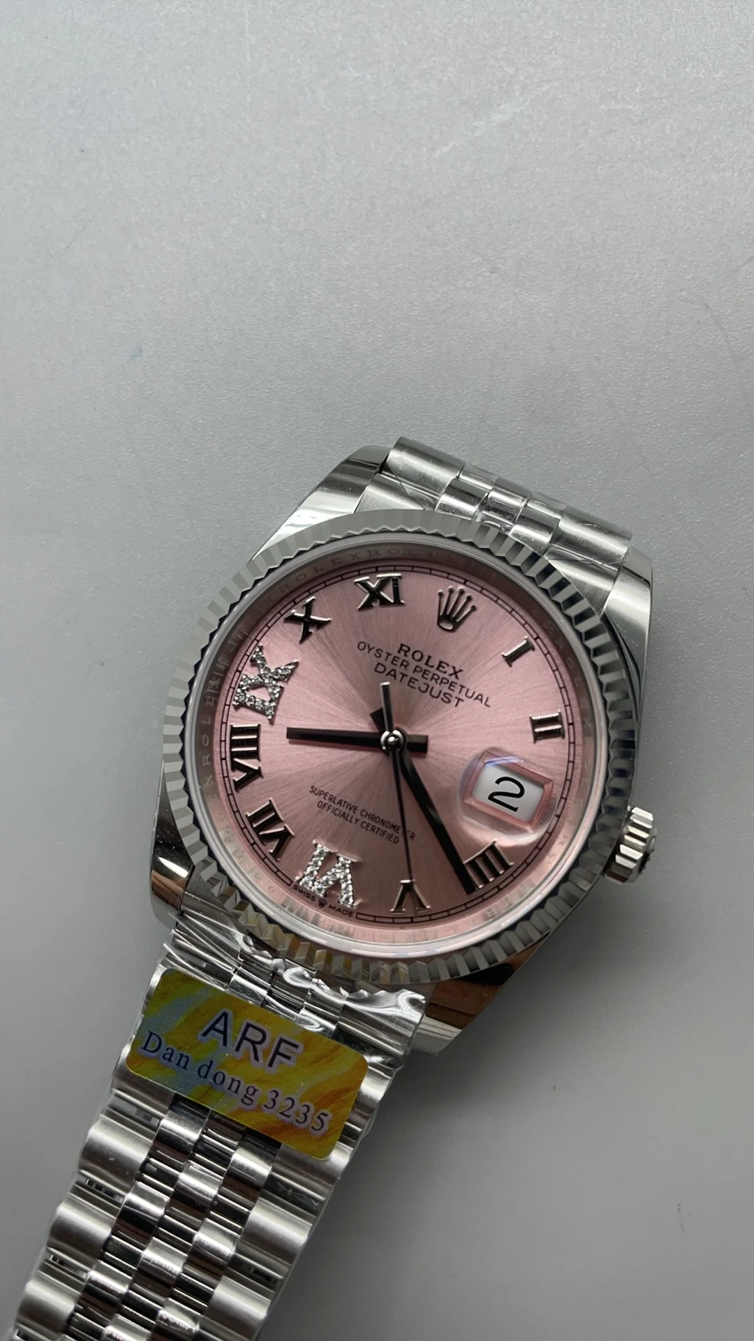 Rolex Datejust Pink Dial 36mm — photographed off the sweep