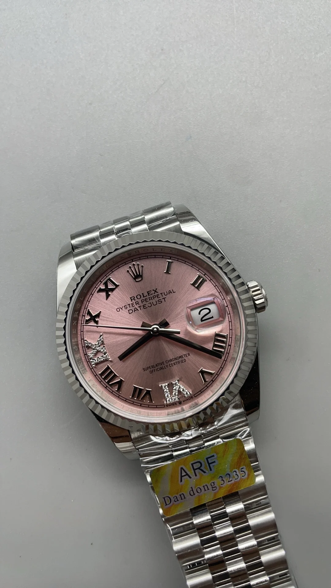 Rolex Datejust Pink Dial 36mm — photographed off the sweep