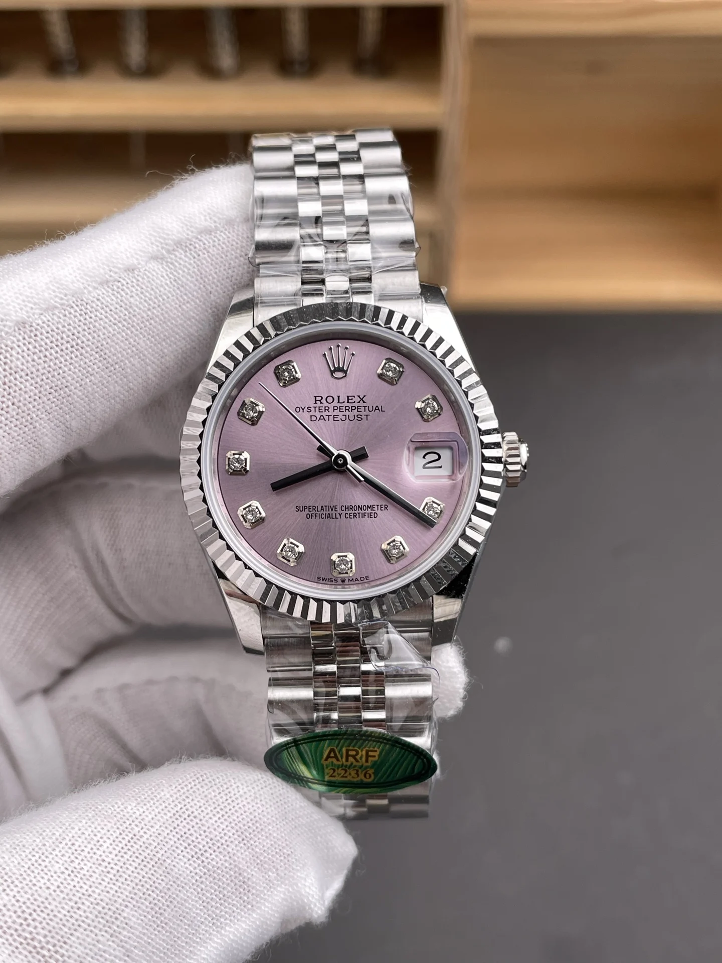 Rolex Datejust Pink Dial Diamond-Set 31mm — photographed off the sweep