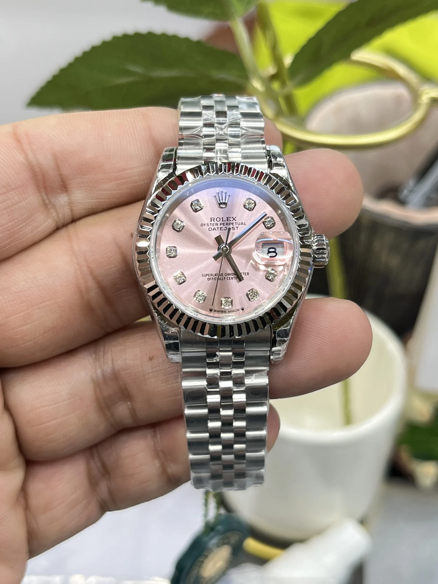 Rolex Datejust Pink Dial — photographed off the sweep