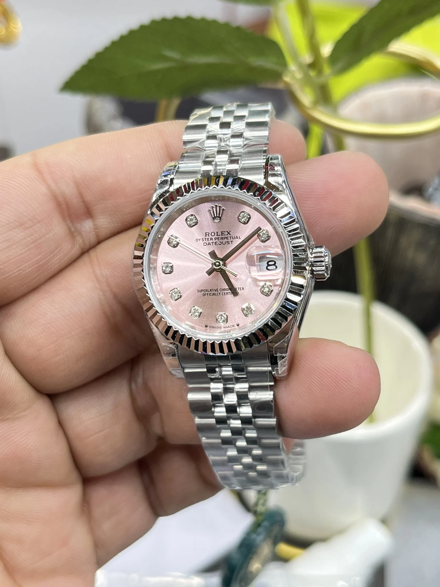 Rolex Datejust Pink Dial — photographed off the sweep