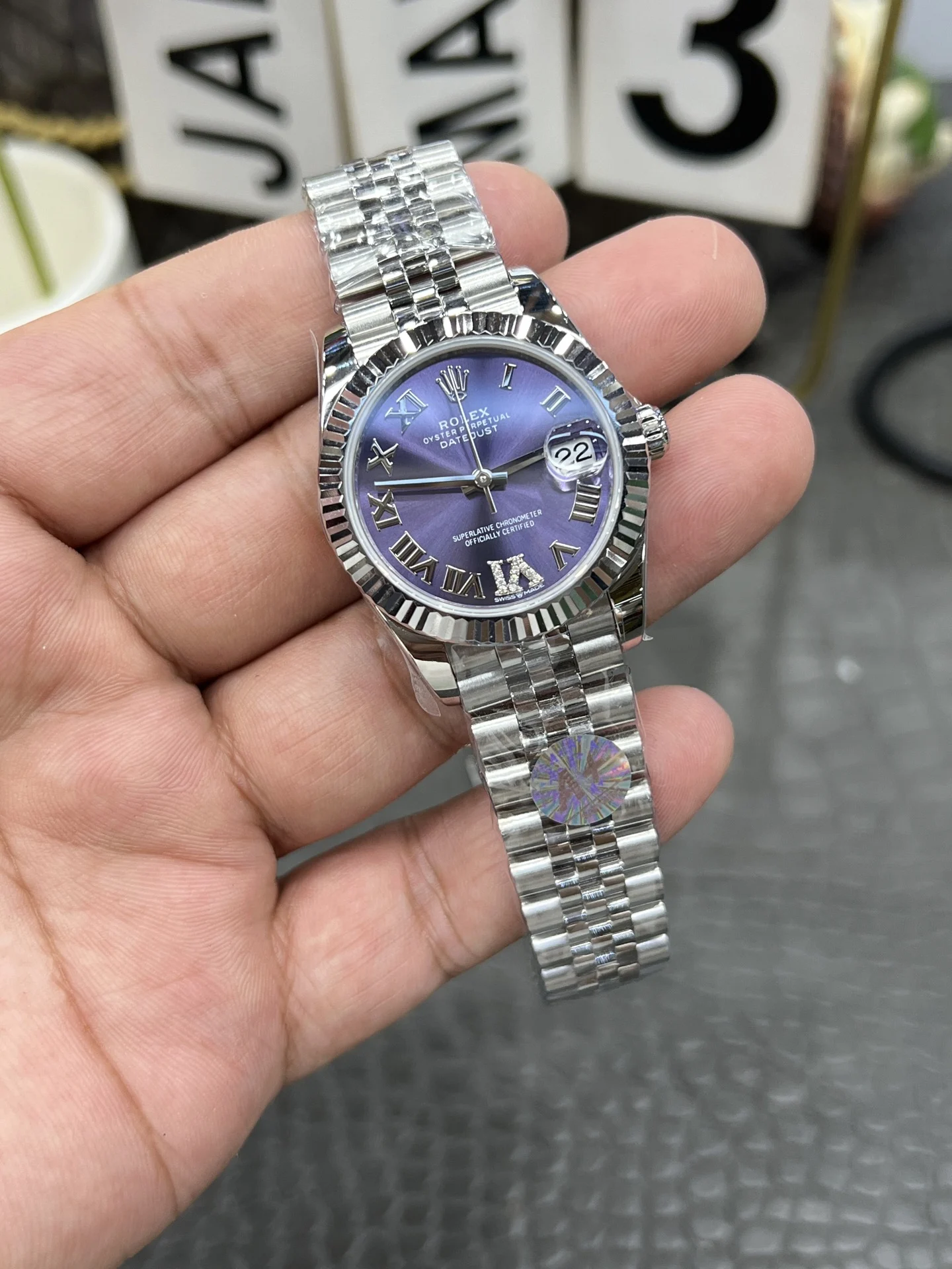 Rolex Datejust Purple Dial 31mm — photographed off the sweep