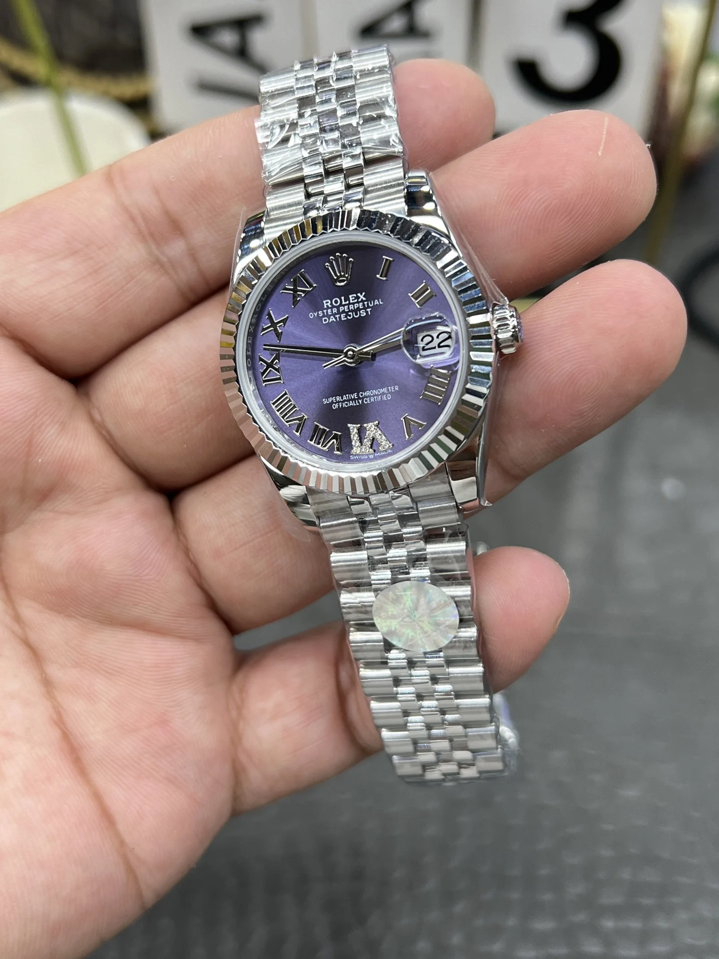 Rolex Datejust Purple Dial 31mm — photographed off the sweep