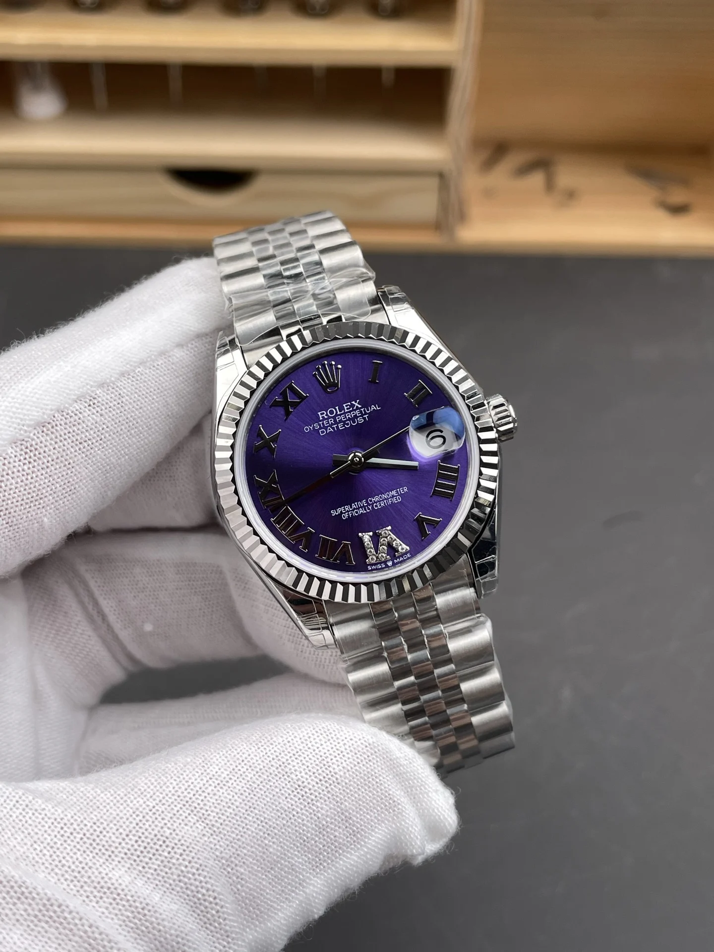 Rolex Datejust Purple Dial 31mm — photographed off the sweep