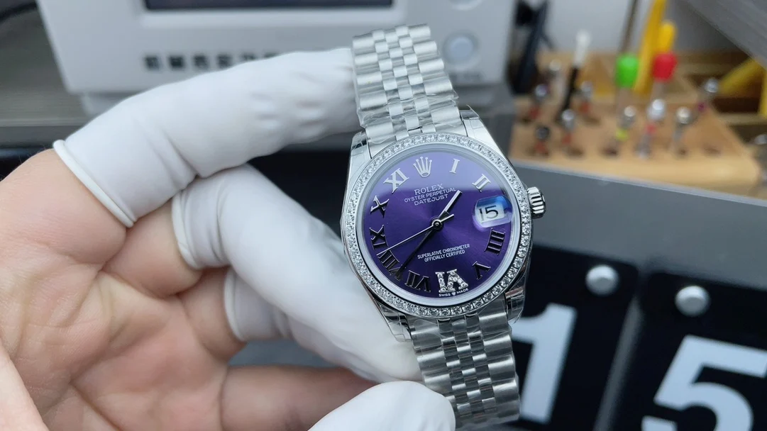 Rolex Datejust Purple Dial Diamond-Set 31mm — photographed off the sweep