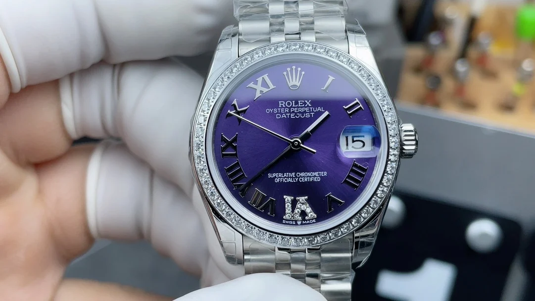Rolex Datejust Purple Dial Diamond-Set 31mm — photographed off the sweep