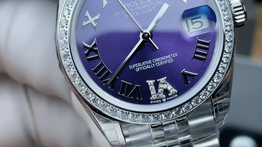 Rolex Datejust Purple Dial Diamond-Set 31mm — photographed off the sweep