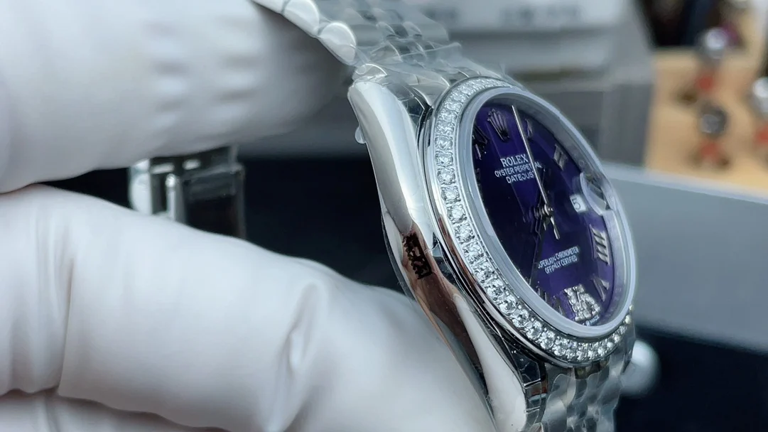 Rolex Datejust Purple Dial Diamond-Set 31mm — photographed off the sweep