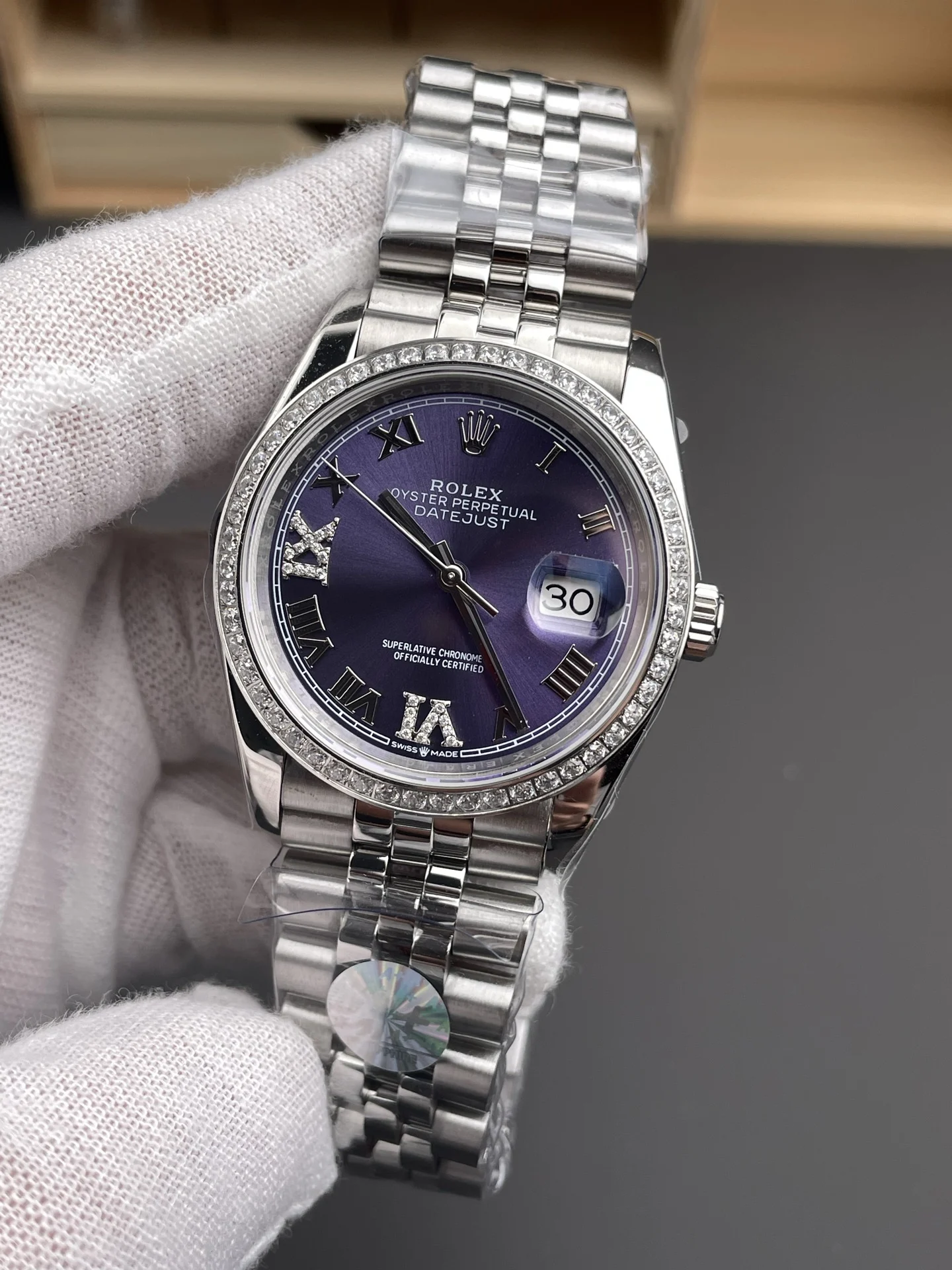 Rolex Datejust Purple Dial Diamond-Set 36mm — photographed off the sweep