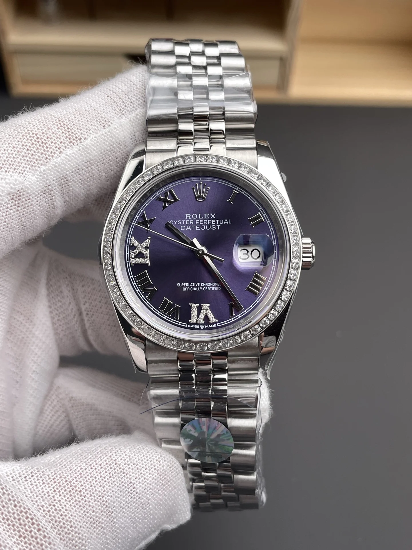 Rolex Datejust Purple Dial Diamond-Set 36mm — photographed off the sweep