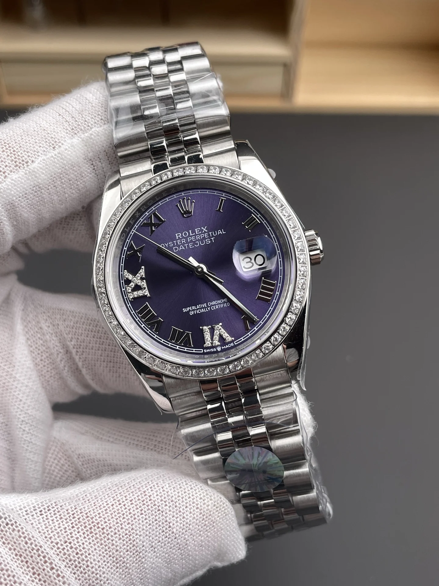 Rolex Datejust Purple Dial Diamond-Set 36mm — photographed off the sweep