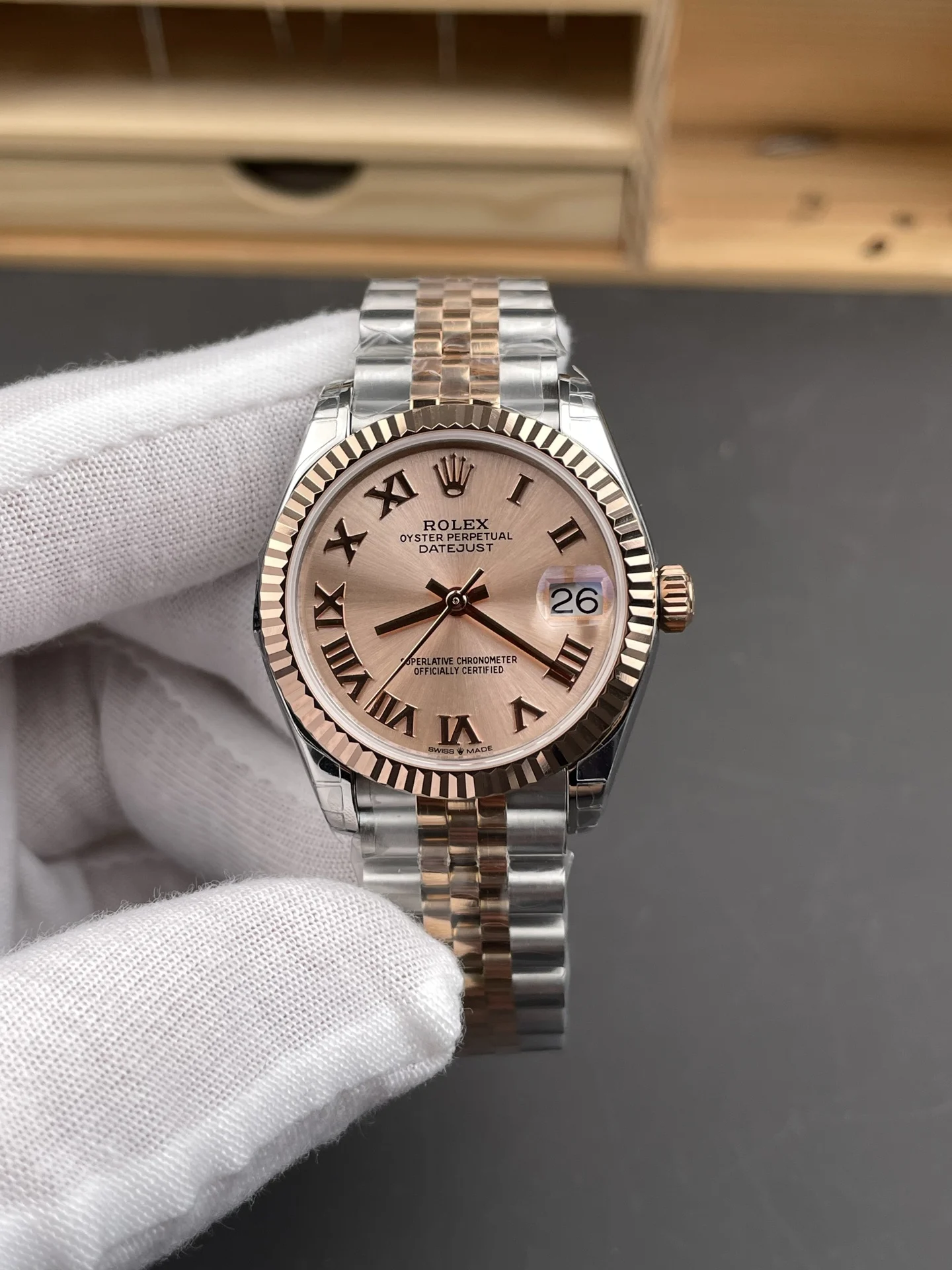 Rolex Datejust Rose Gold 31mm — photographed off the sweep