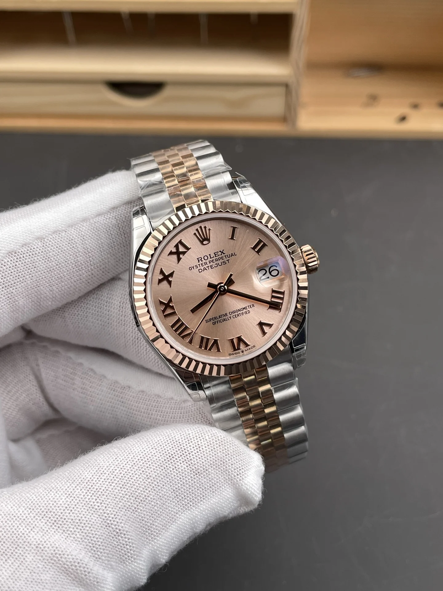 Rolex Datejust Rose Gold 31mm — photographed off the sweep