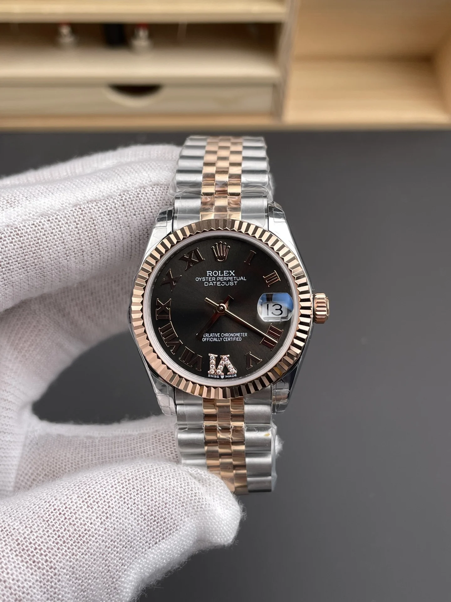 Rolex Datejust Rose Gold Brown Dial — photographed off the sweep
