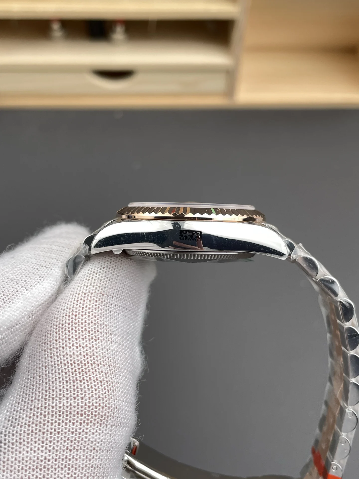 Rolex Datejust Rose Gold Brown Dial — photographed off the sweep