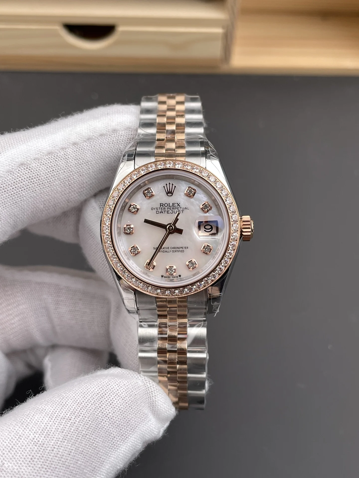 Rolex Datejust Rose Gold Diamond-Set 28mm — photographed off the sweep