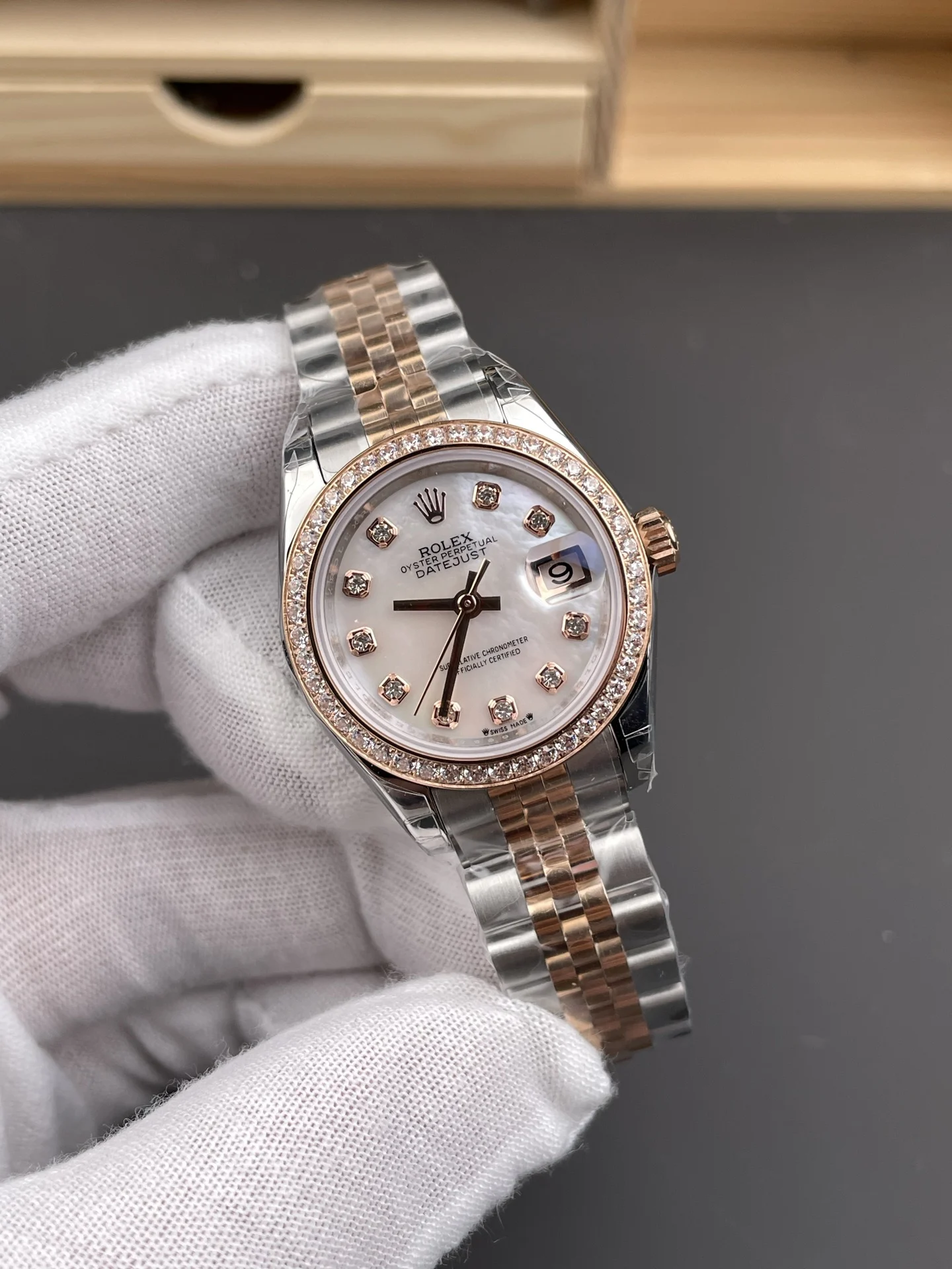 Rolex Datejust Rose Gold Diamond-Set 28mm — photographed off the sweep