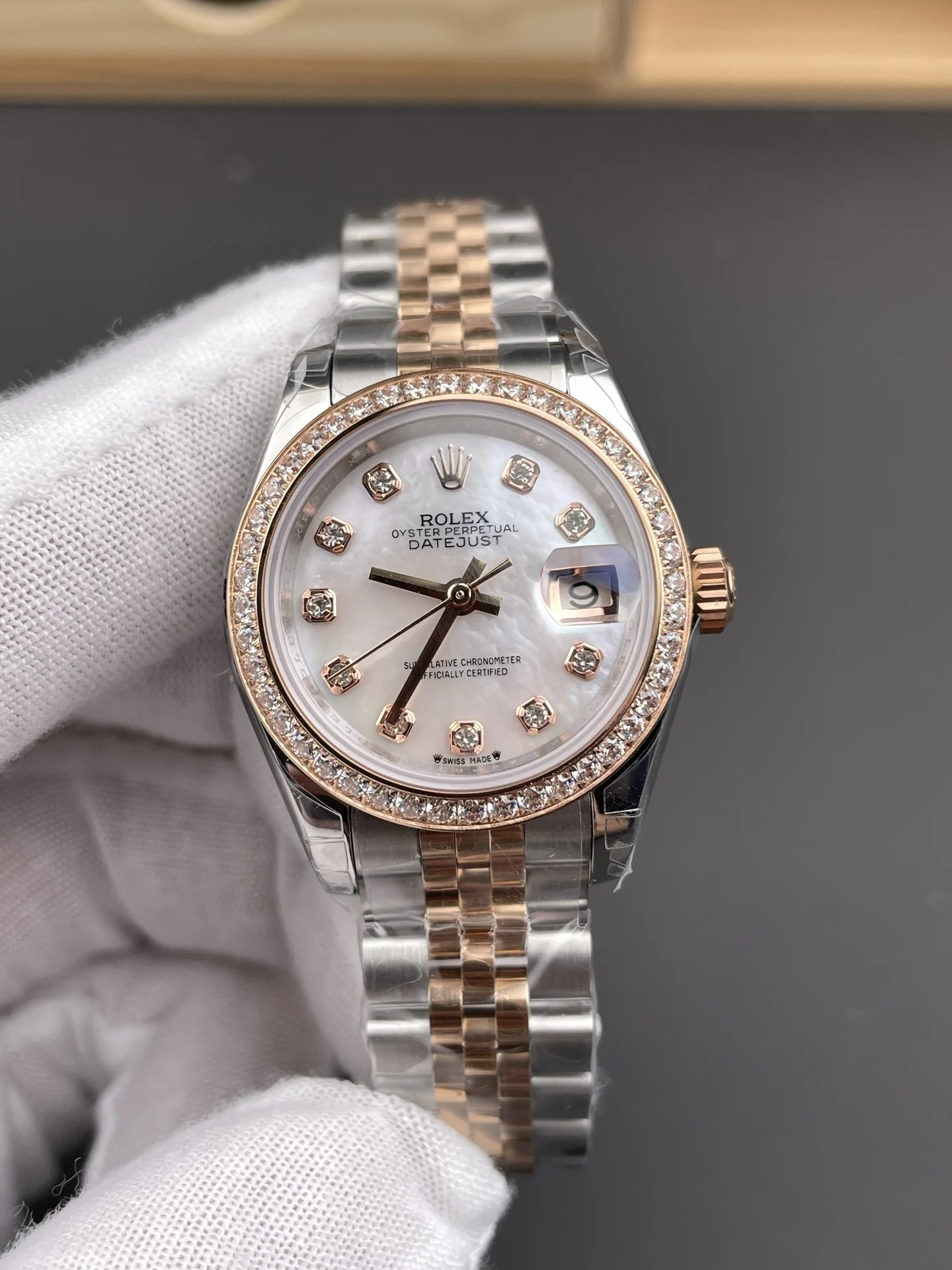 Rolex Datejust Rose Gold Diamond-Set 28mm — photographed off the sweep