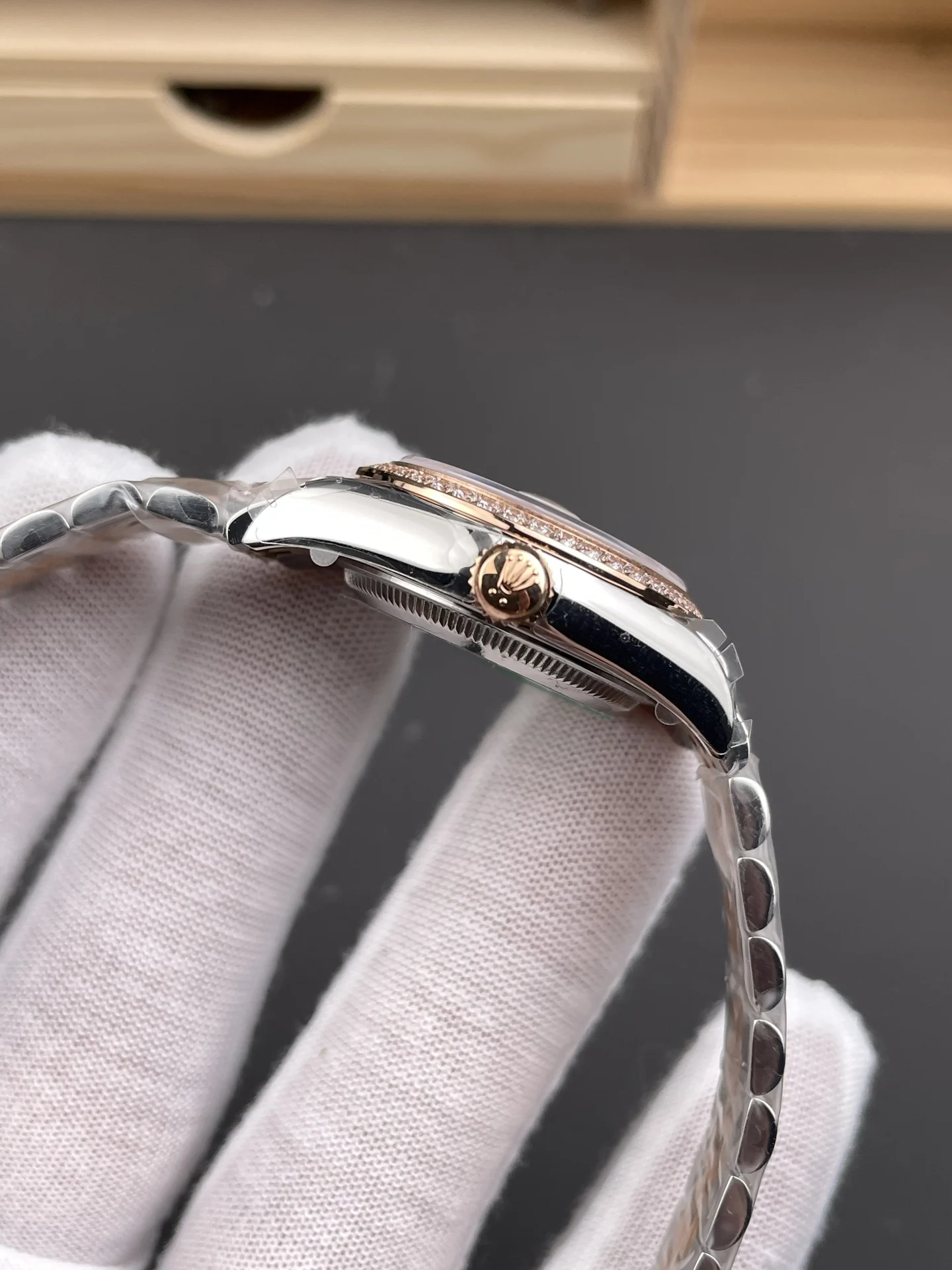 Rolex Datejust Rose Gold Diamond-Set 28mm — photographed off the sweep