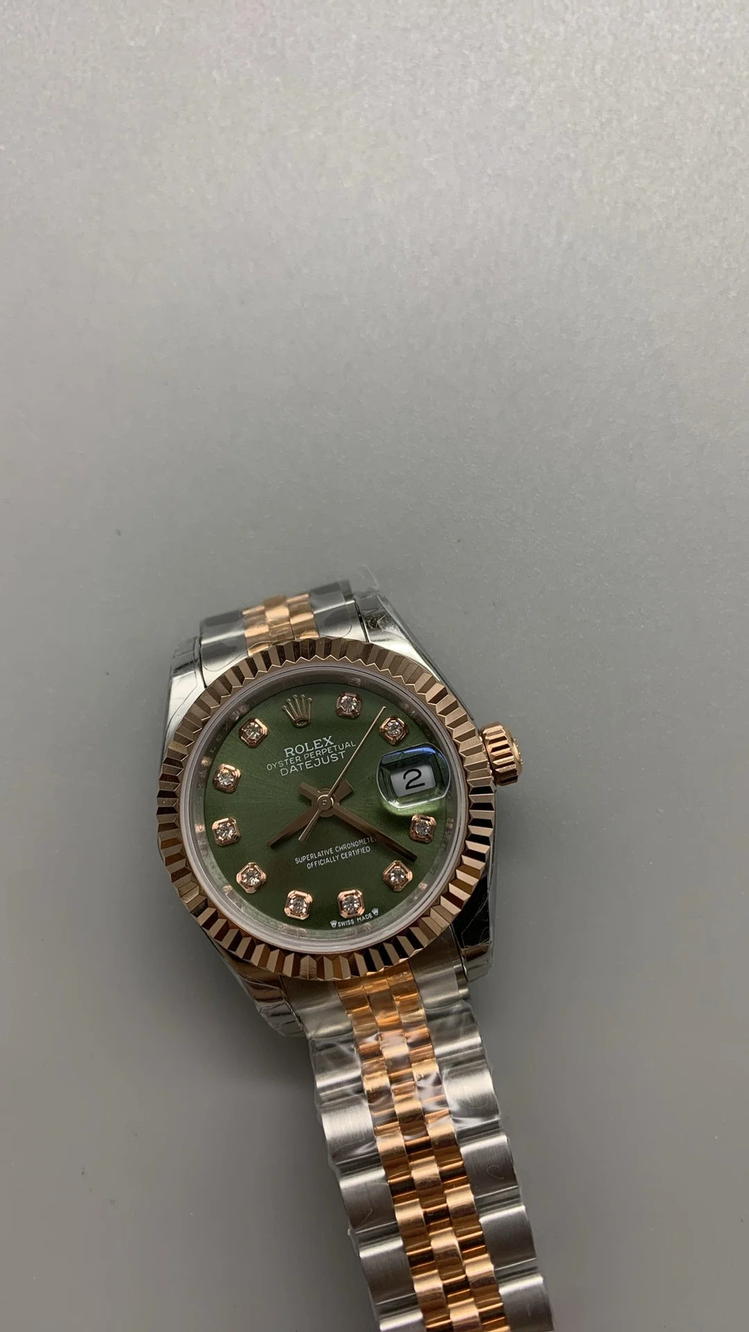 Rolex Datejust Rose Gold Diamond-Set 28mm — photographed off the sweep