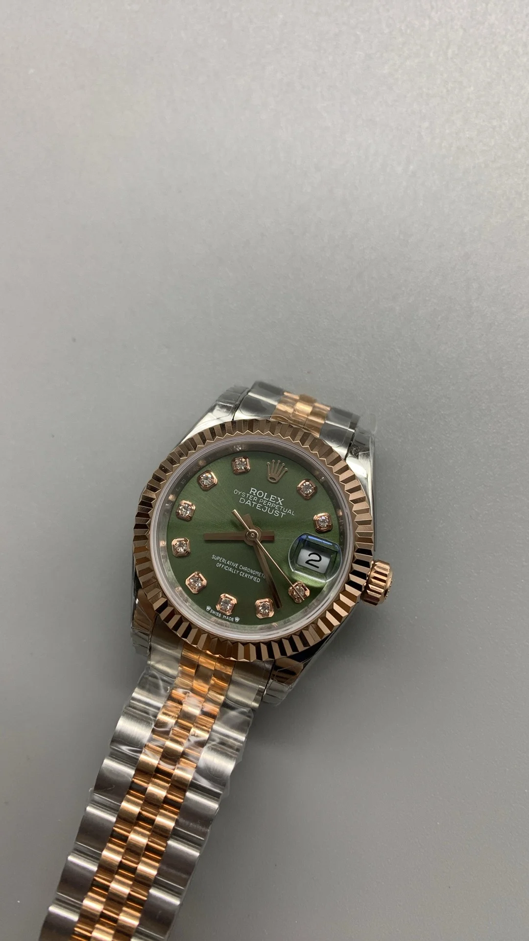 Rolex Datejust Rose Gold Diamond-Set 28mm — photographed off the sweep