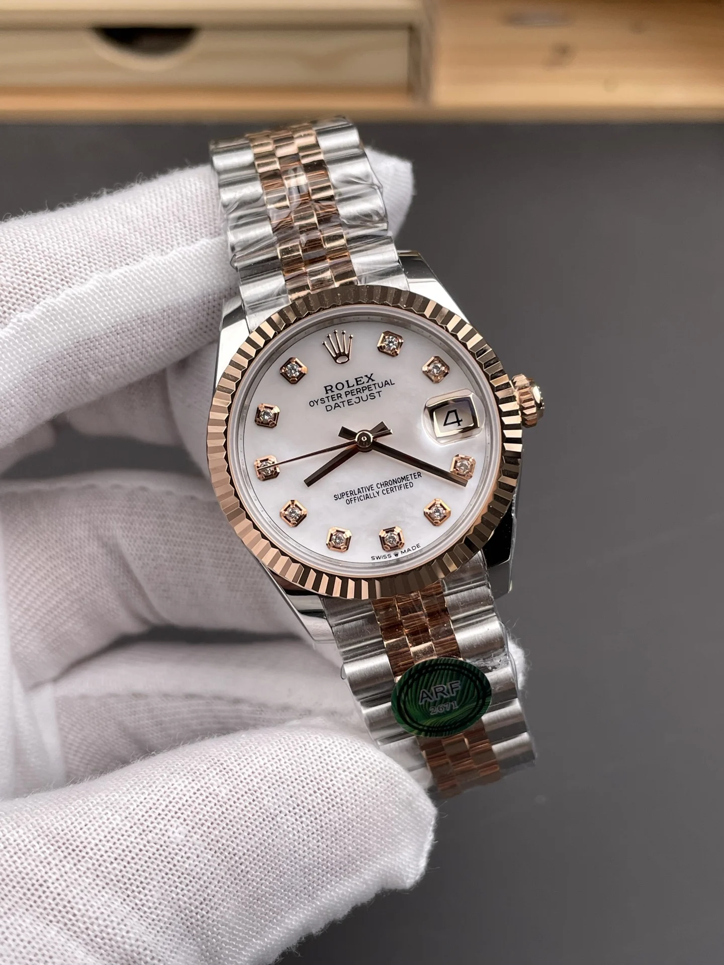 Rolex Datejust Rose Gold Diamond-Set 31mm — photographed off the sweep
