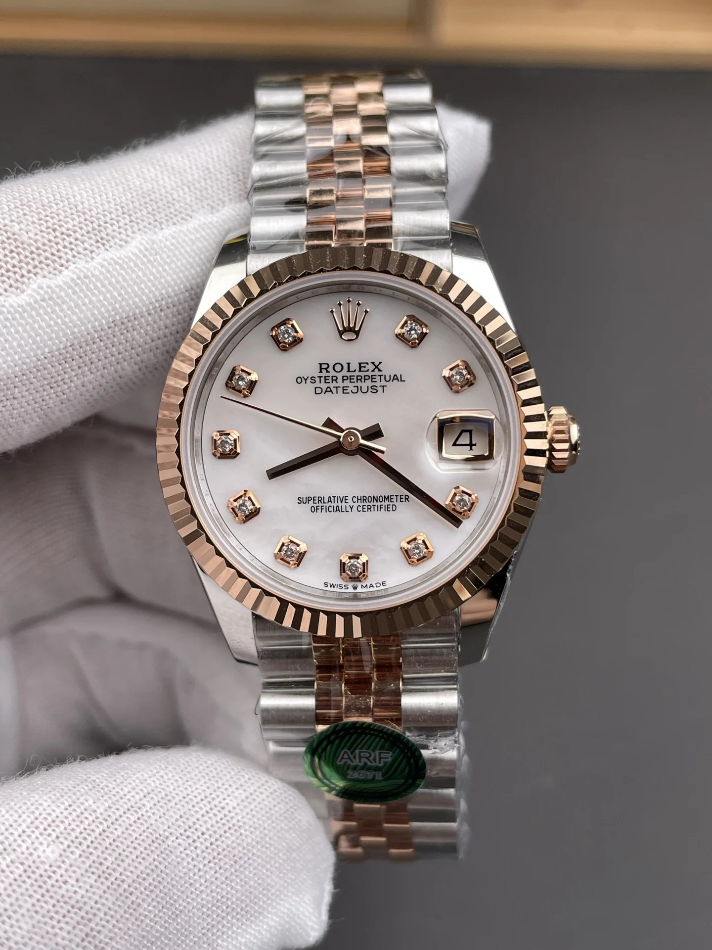 Rolex Datejust Rose Gold Diamond-Set 31mm — photographed off the sweep