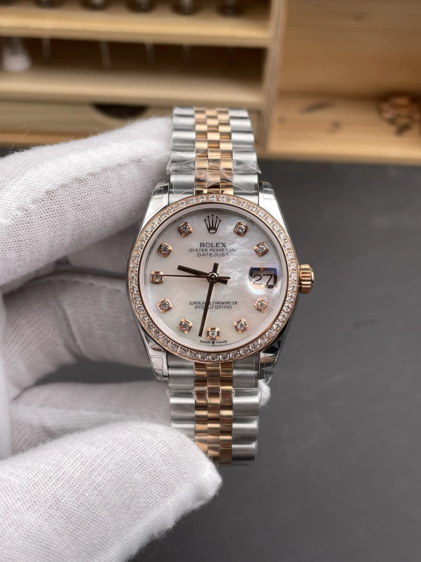 Rolex Datejust Rose Gold Diamond-Set 31mm — photographed off the sweep