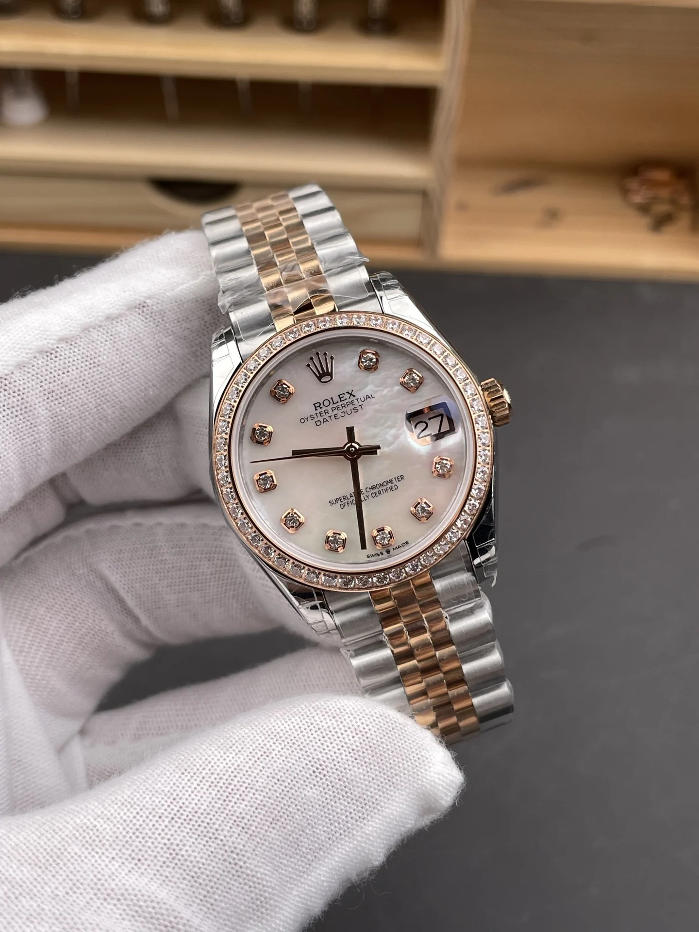 Rolex Datejust Rose Gold Diamond-Set 31mm — photographed off the sweep