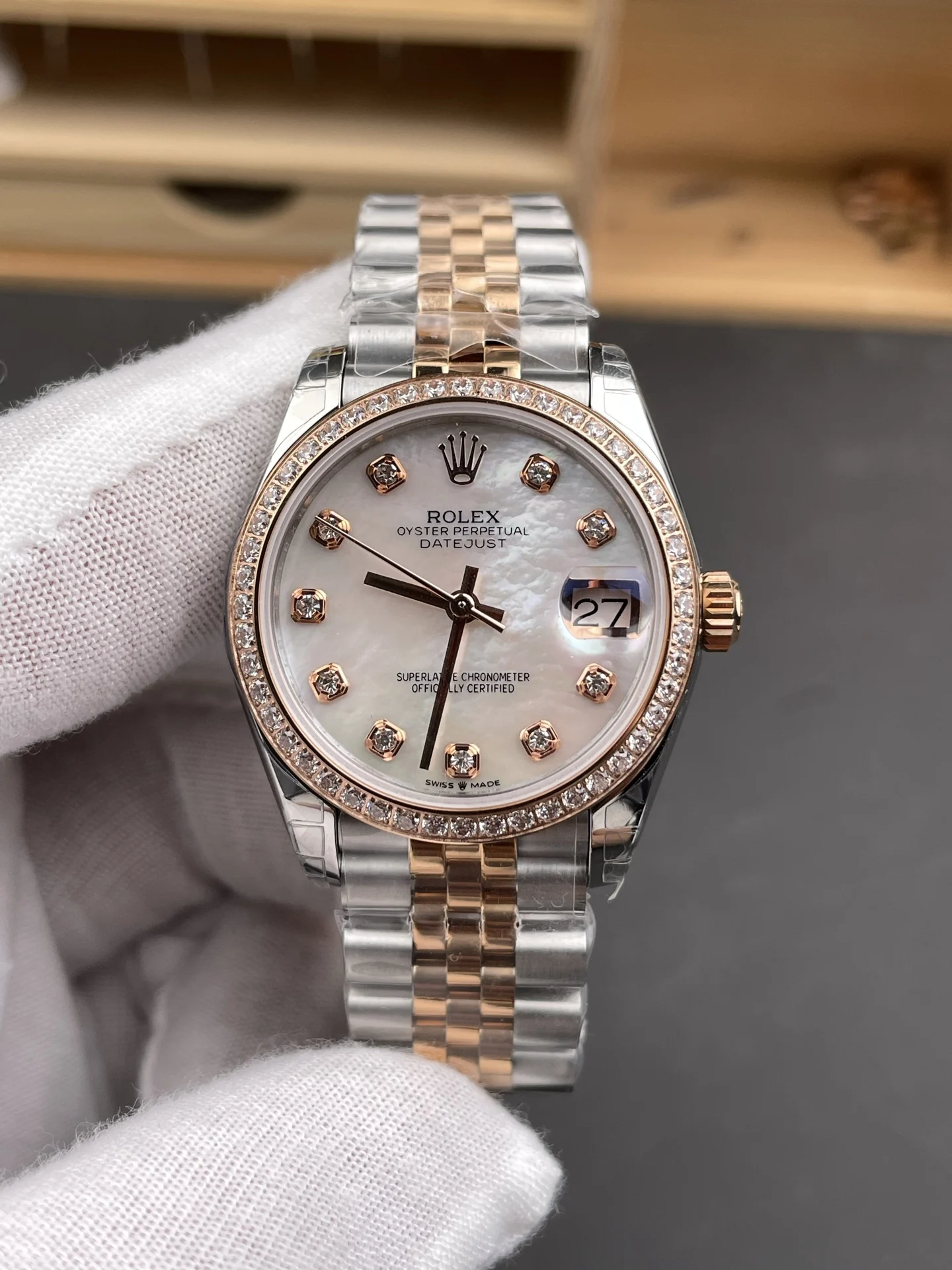 Rolex Datejust Rose Gold Diamond-Set 31mm — photographed off the sweep
