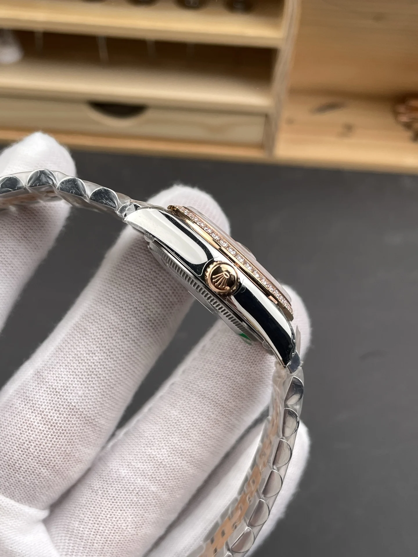 Rolex Datejust Rose Gold Diamond-Set 31mm — photographed off the sweep