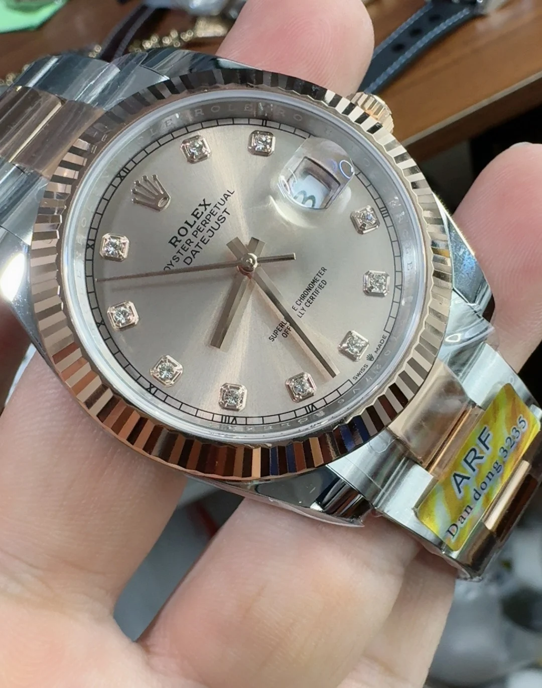 Rolex Datejust Rose Gold Diamond-Set 41mm — photographed off the sweep