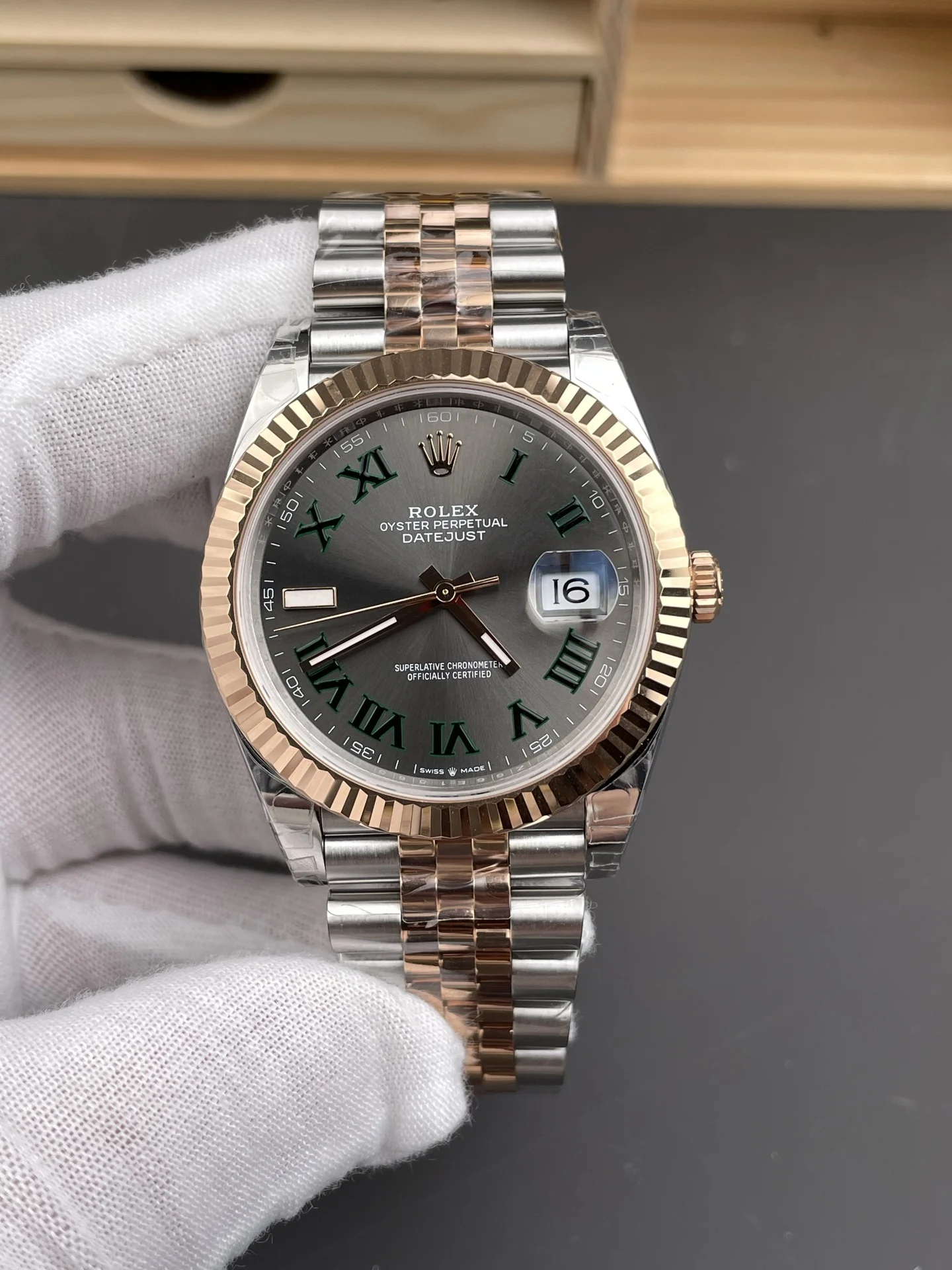 Rolex Datejust Rose Gold Green Dial 41mm — photographed off the sweep