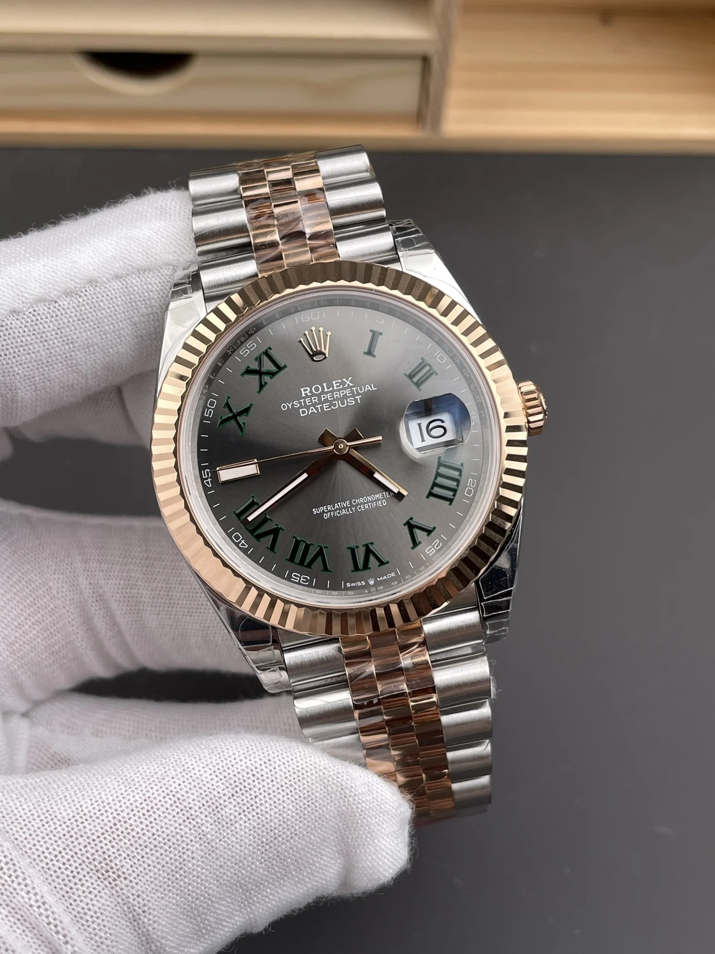 Rolex Datejust Rose Gold Green Dial 41mm — photographed off the sweep