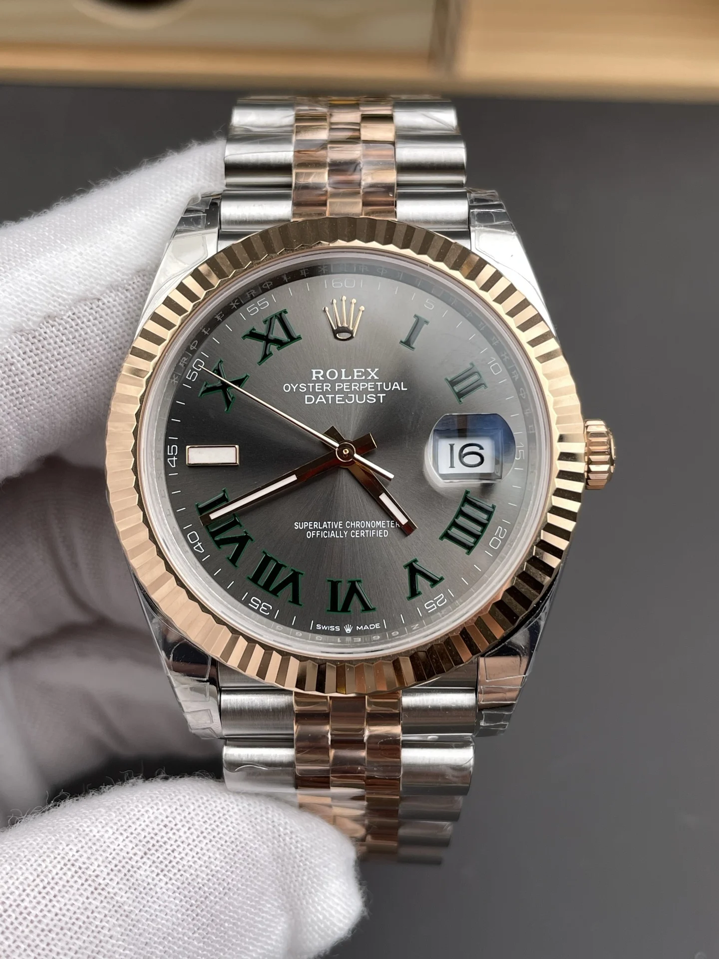 Rolex Datejust Rose Gold Green Dial 41mm — photographed off the sweep