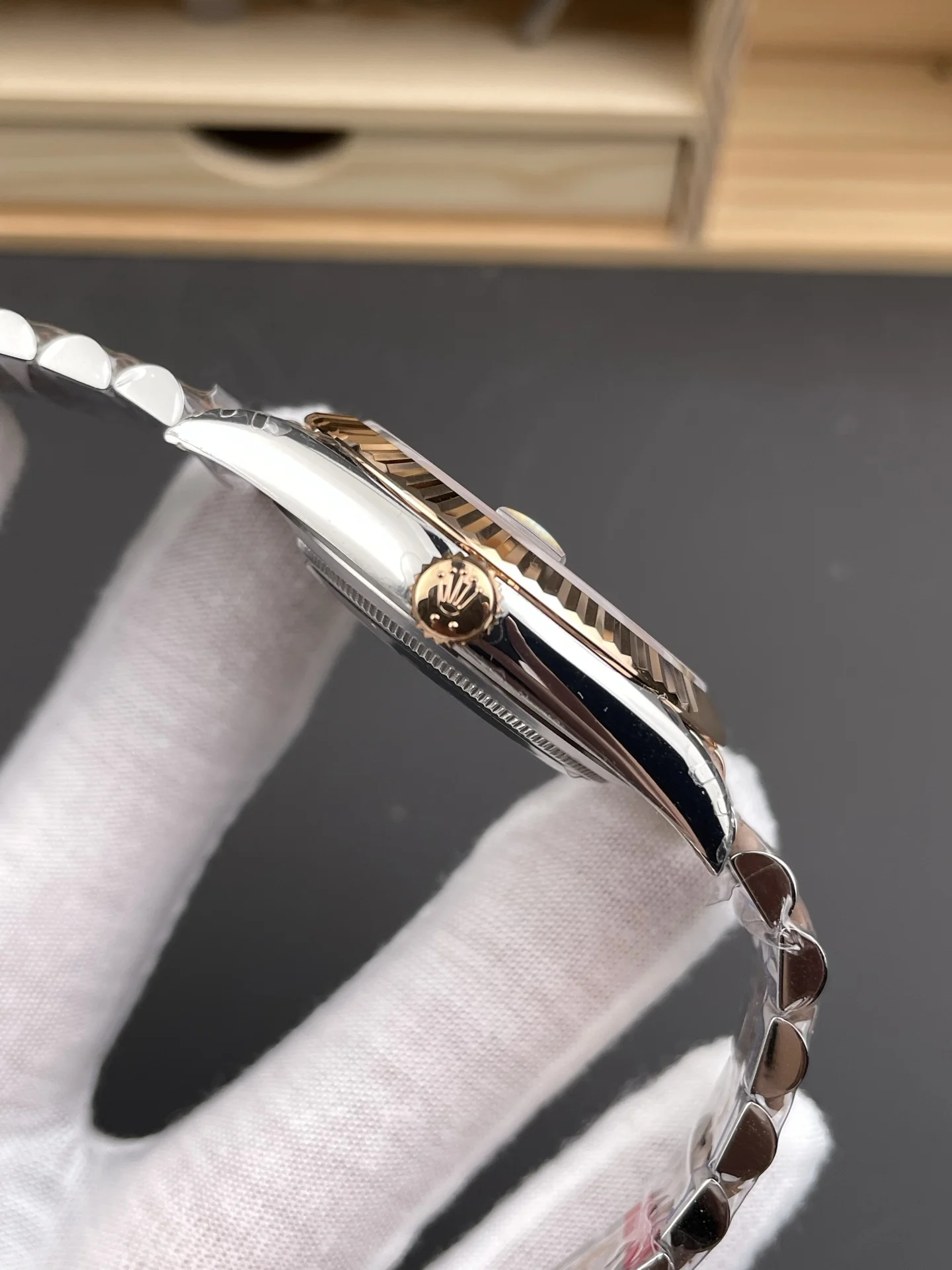 Rolex Datejust Rose Gold Green Dial 41mm — photographed off the sweep