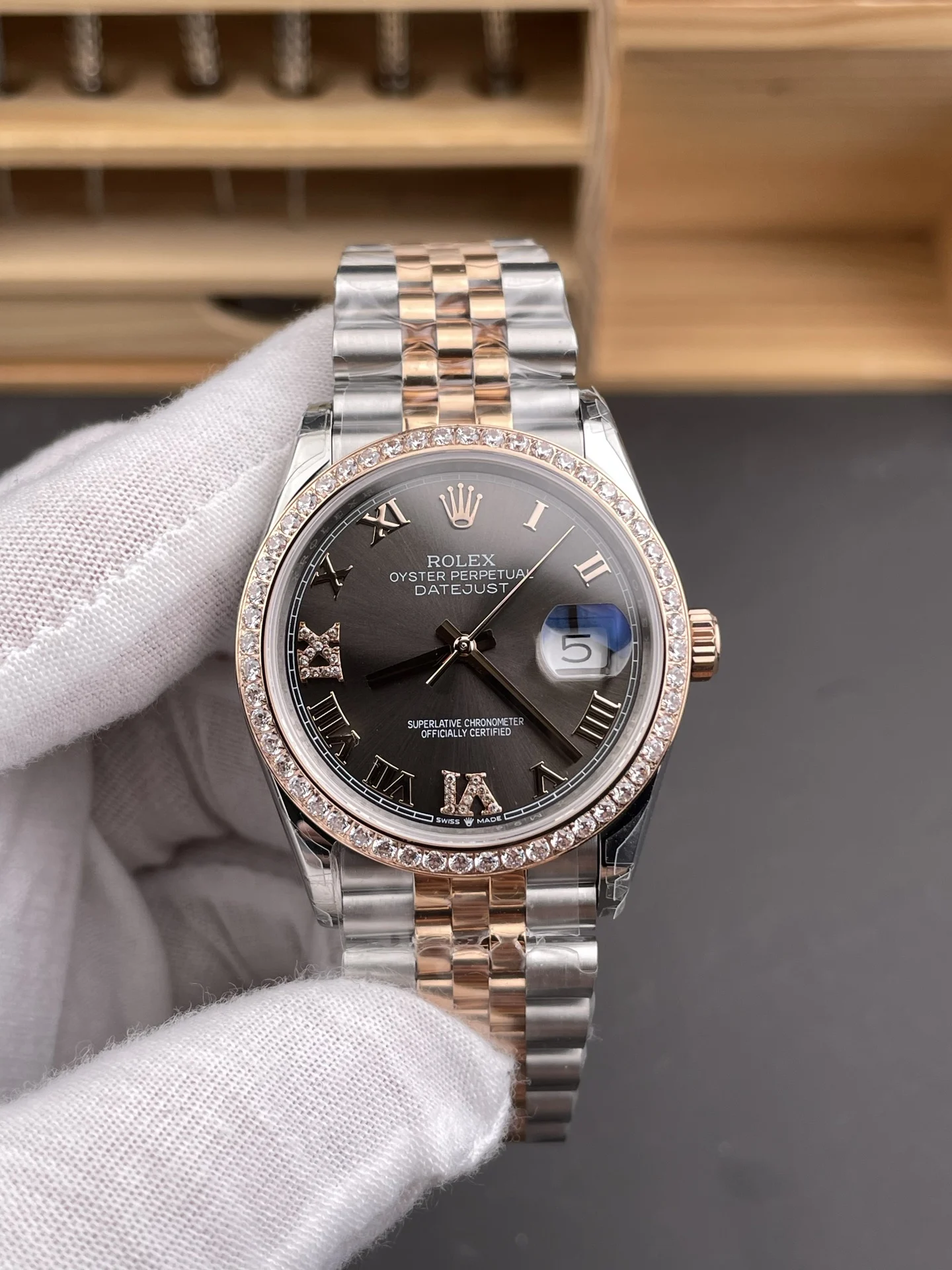 Rolex Datejust Rose Gold Grey Dial — photographed off the sweep