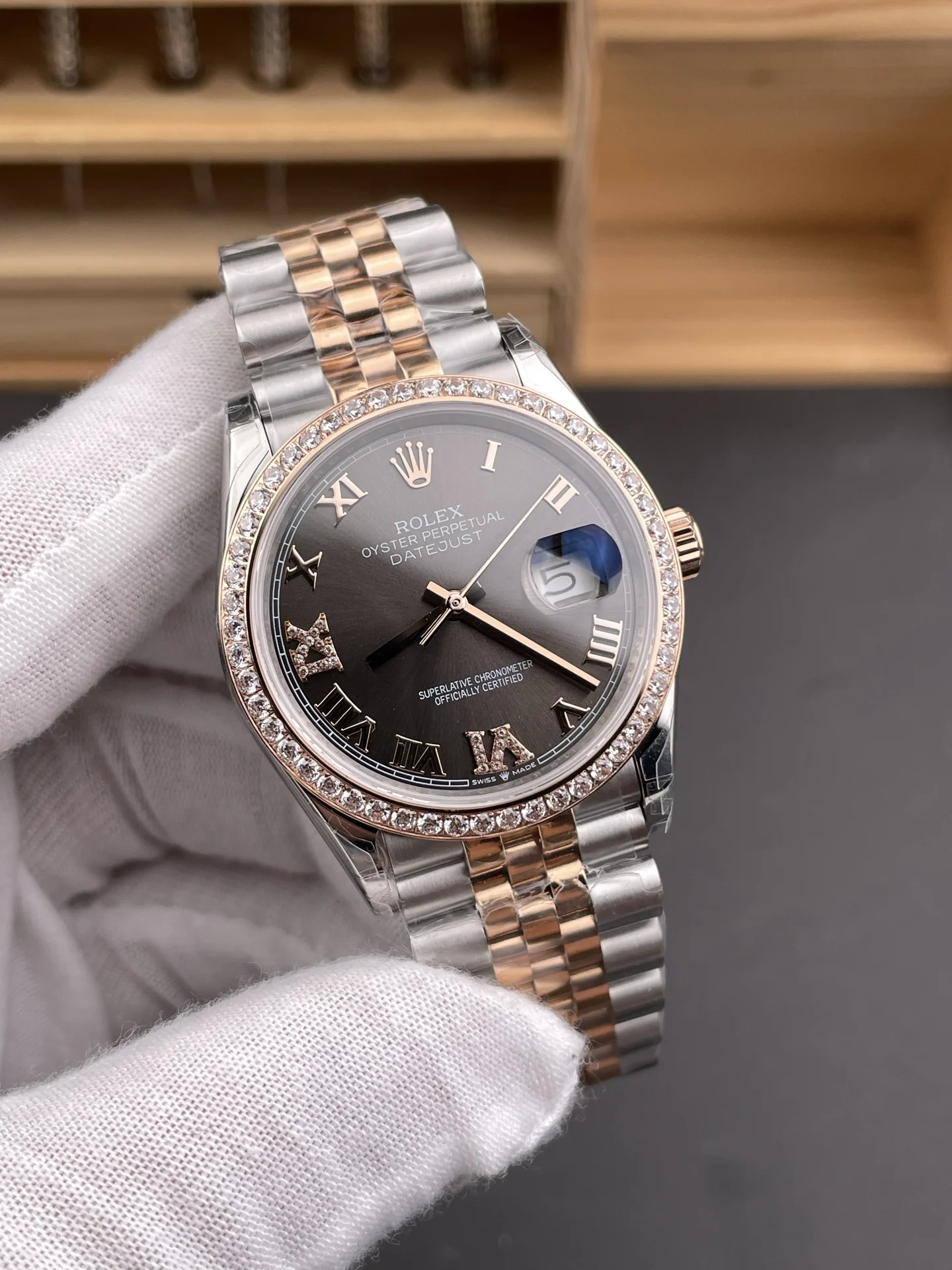 Rolex Datejust Rose Gold Grey Dial — photographed off the sweep