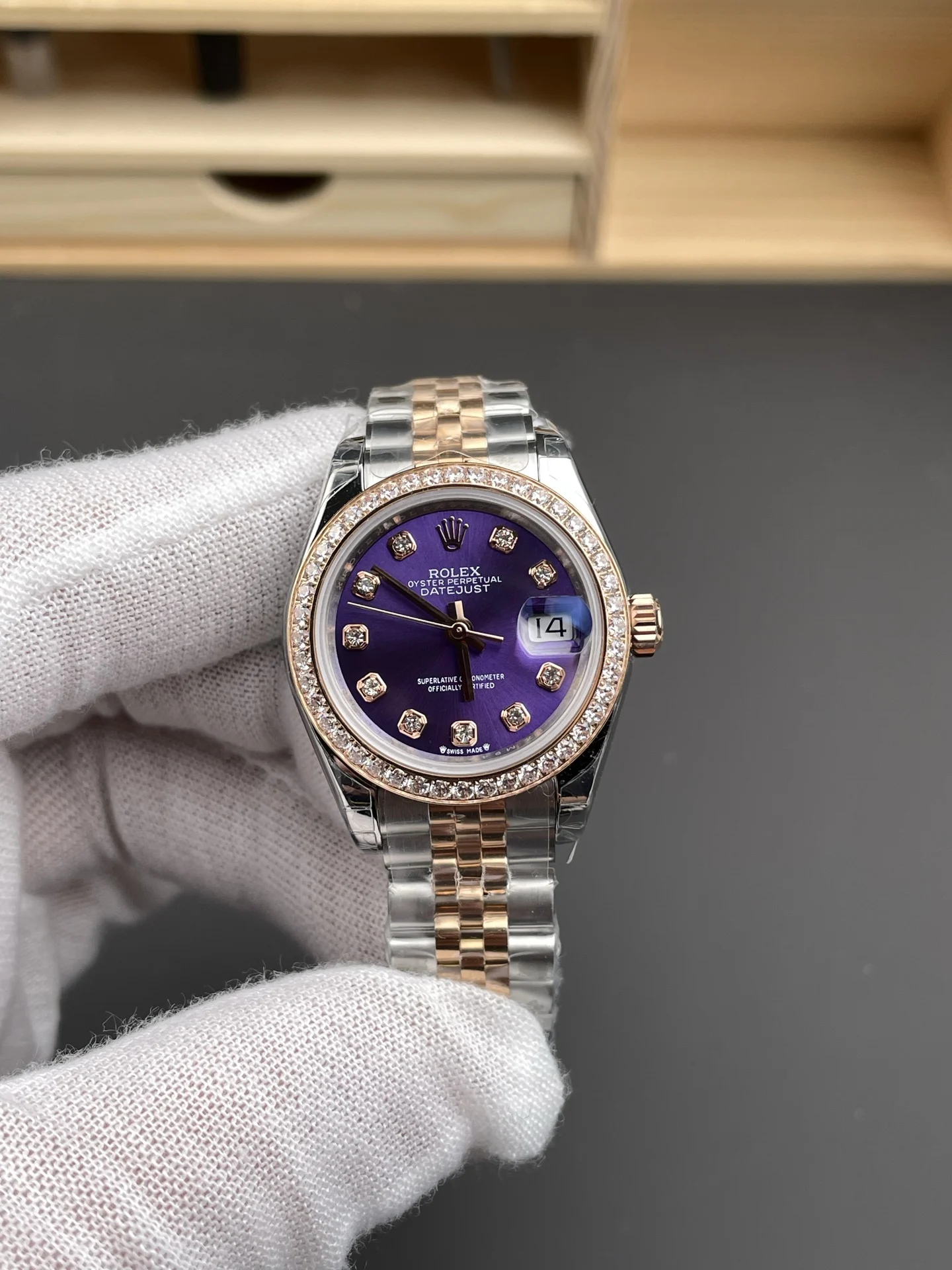 Rolex Datejust Rose Gold Purple Dial Diamond-Set 28mm — photographed off the sweep