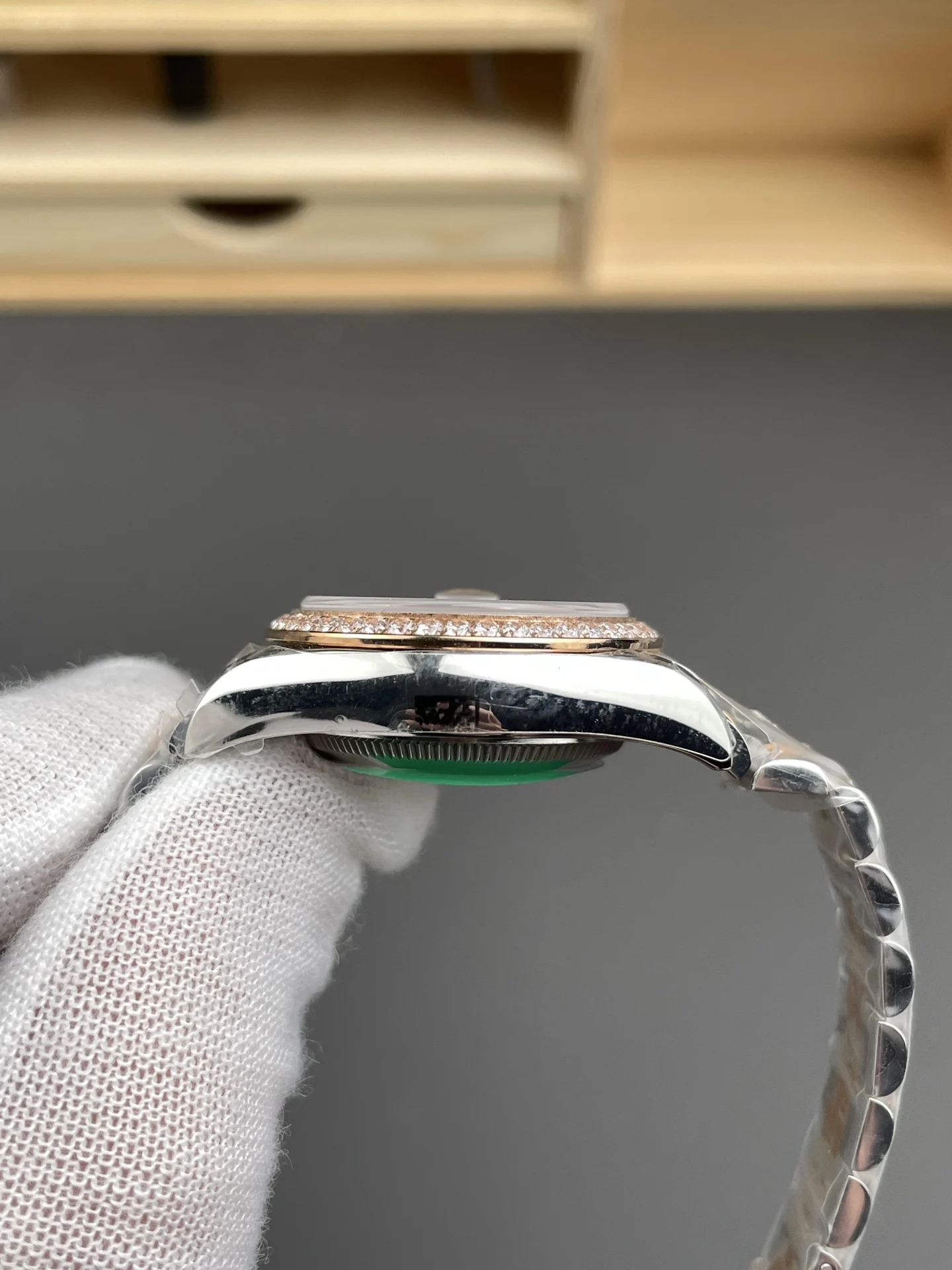 Rolex Datejust Rose Gold Purple Dial Diamond-Set 28mm — photographed off the sweep