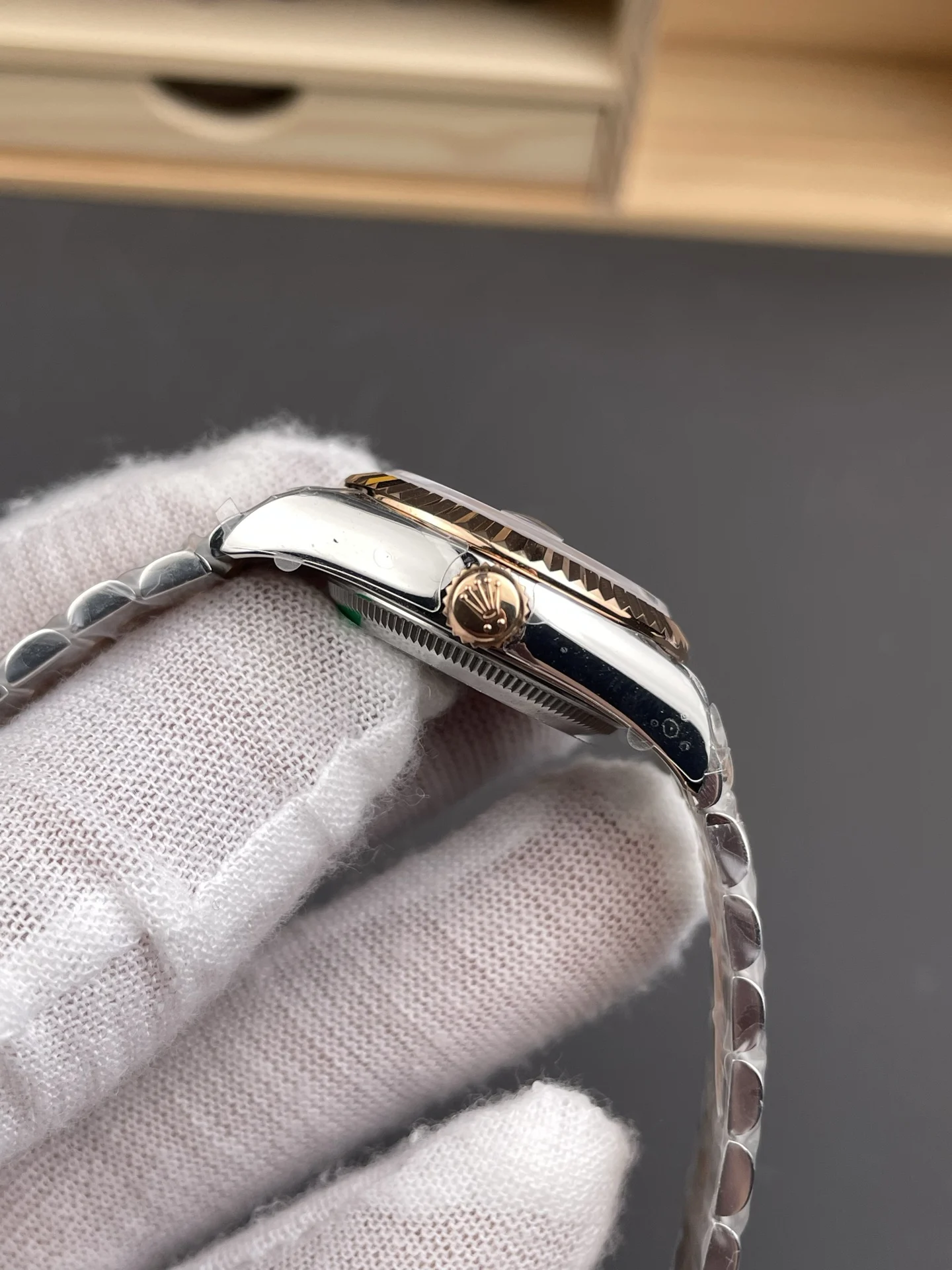 Rolex Datejust Rose Gold Purple Dial Diamond-Set 28mm — photographed off the sweep