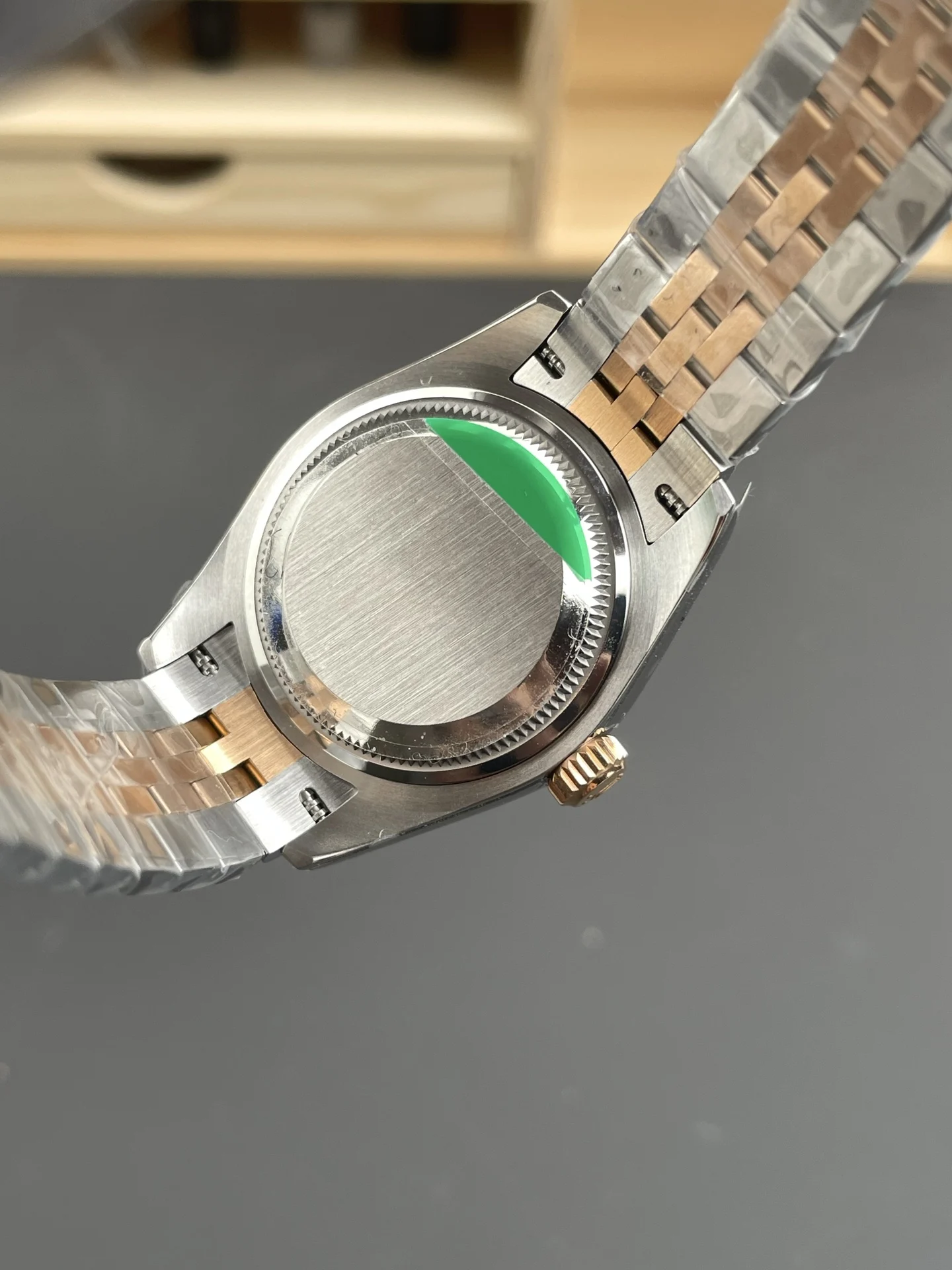Rolex Datejust Rose Gold Purple Dial Diamond-Set 28mm — photographed off the sweep