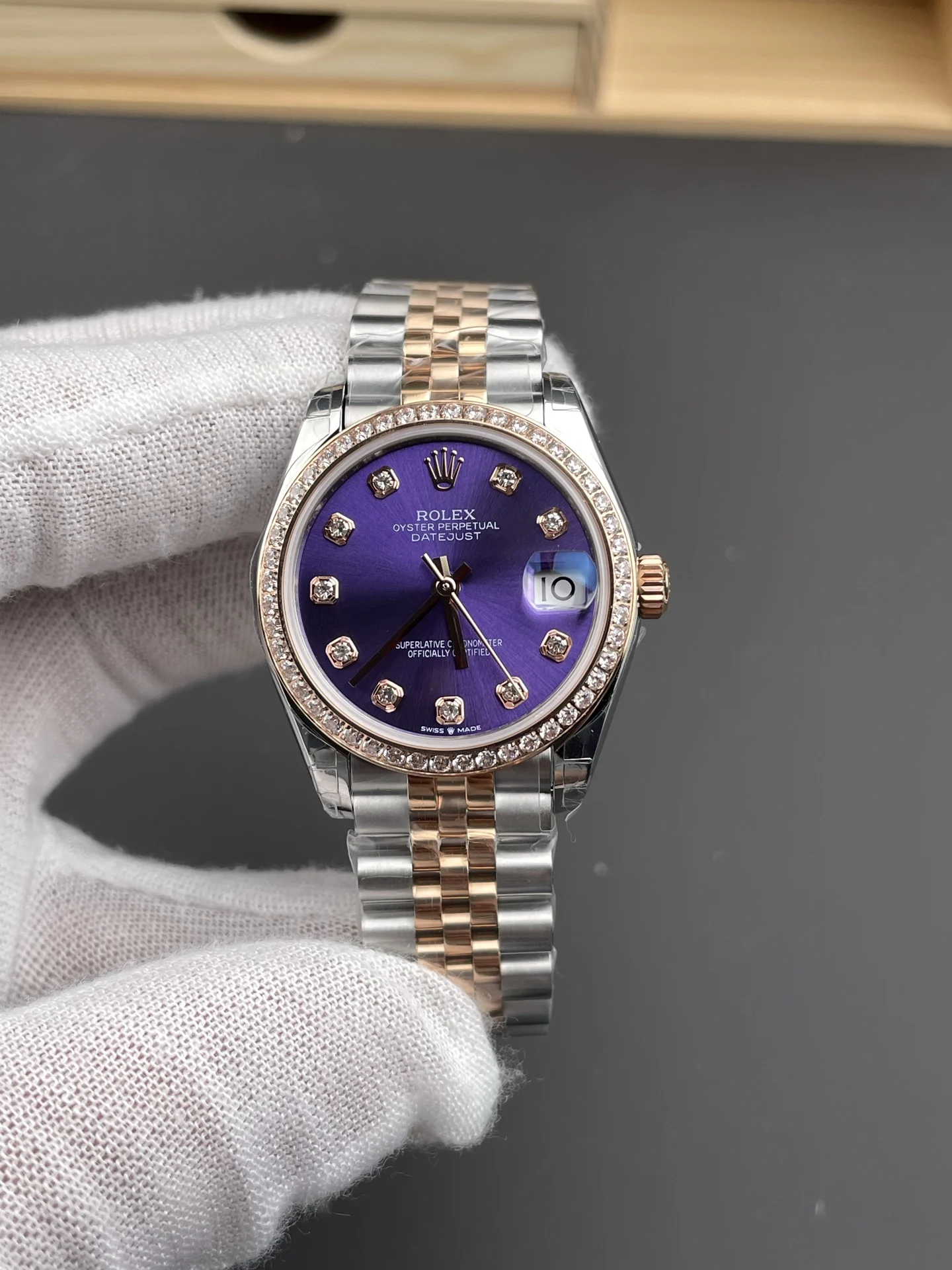 Rolex Datejust Rose Gold Purple Dial Diamond-Set 31mm — photographed off the sweep